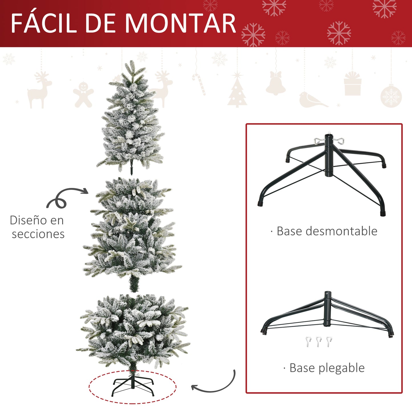 HOMCOM Árbol de Navidad 210 cm Nevado Artificial con 784 Puntas de Rama Ignífugas y Soporte de Acero Decoración Navideña para Interiores Ø95x210 cm Verde y Blanco