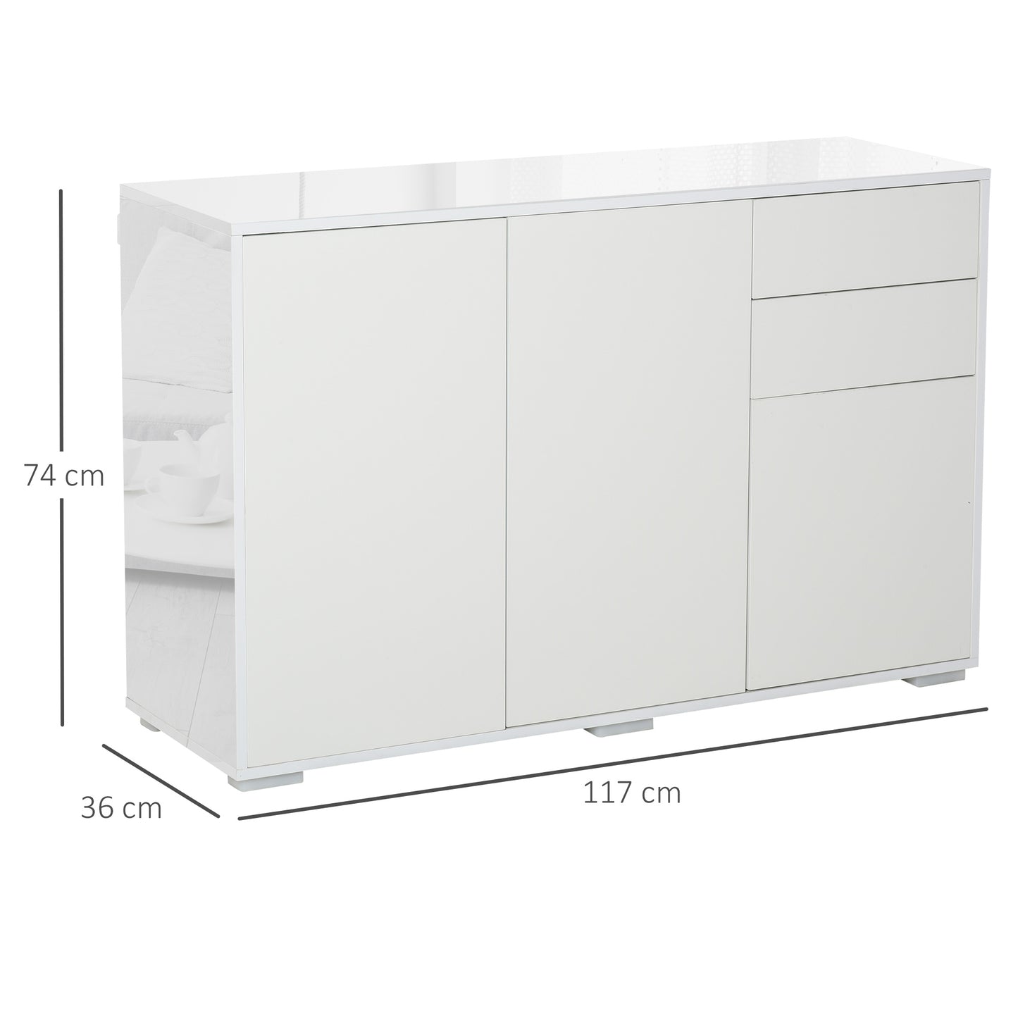 HOMCOM Aparador de Salón con 3 Puertas 2 Cajones y Estante Interior Ajustable Mueble Auxiliar de Almacenaje para Cocina Dormitorio Antivuelco 117x36x74 cm Alto Brillo Blanco