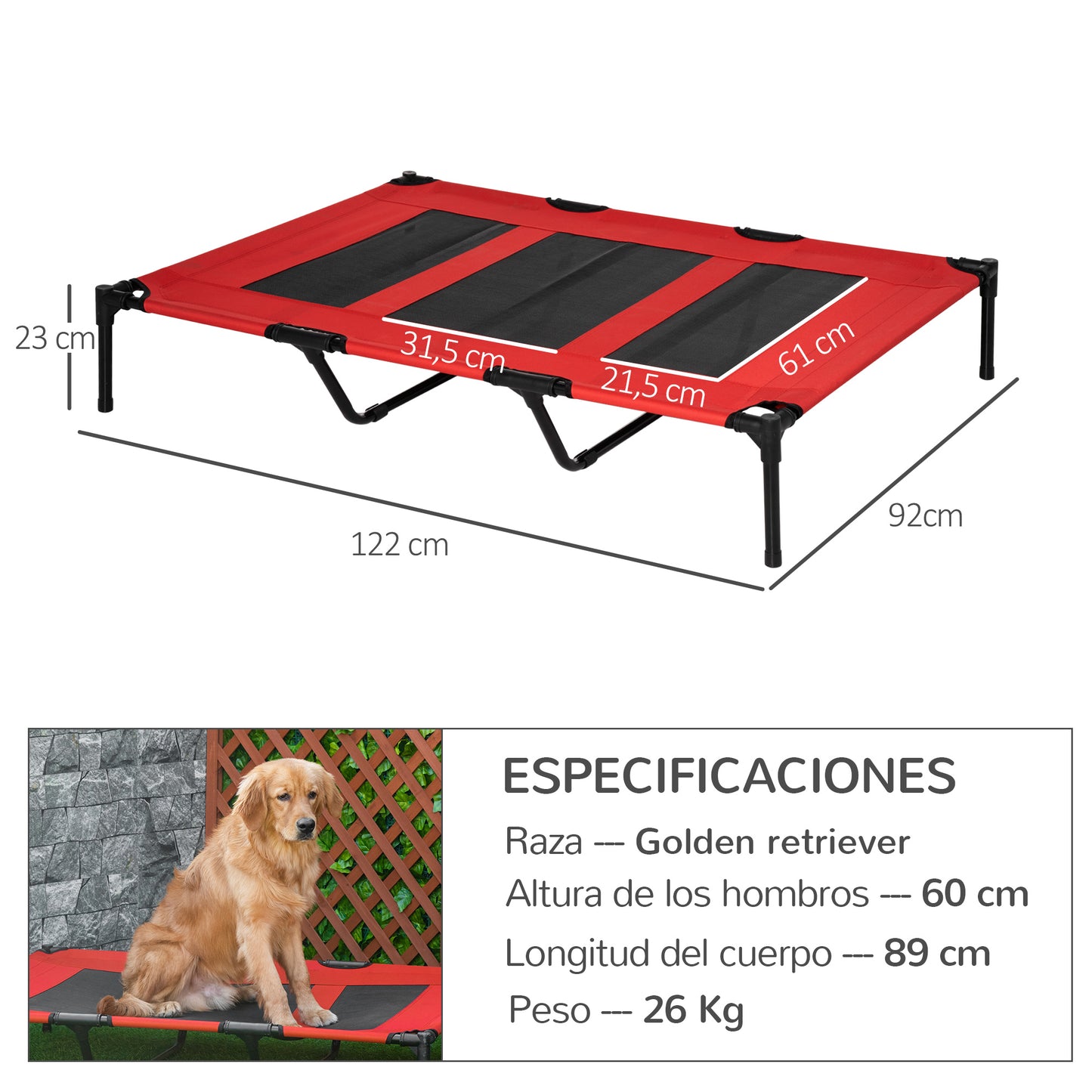 PawHut Cama Elevada para Perros Gatos Portátil Cama para Mascotas con Zona de Malla Transpirable y Tela Oxford para Interior Exterior 122x92x23 cm Rojo