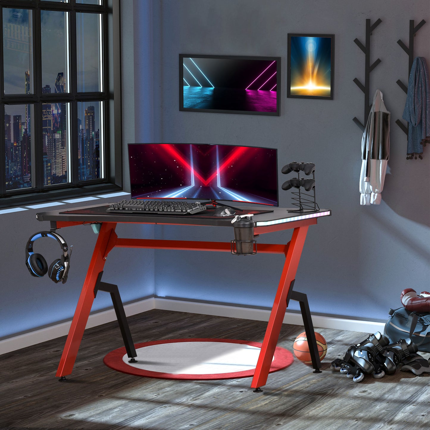 HOMCOM Mesa Gaming 120x66x76 cm con Luz LED RGB y Control Remoto Escritorio Gaming Desk con Portavasos Gancho para Auriculares Soporte para Mandos Gamepad Fibra de Carbono Negro y Rojo