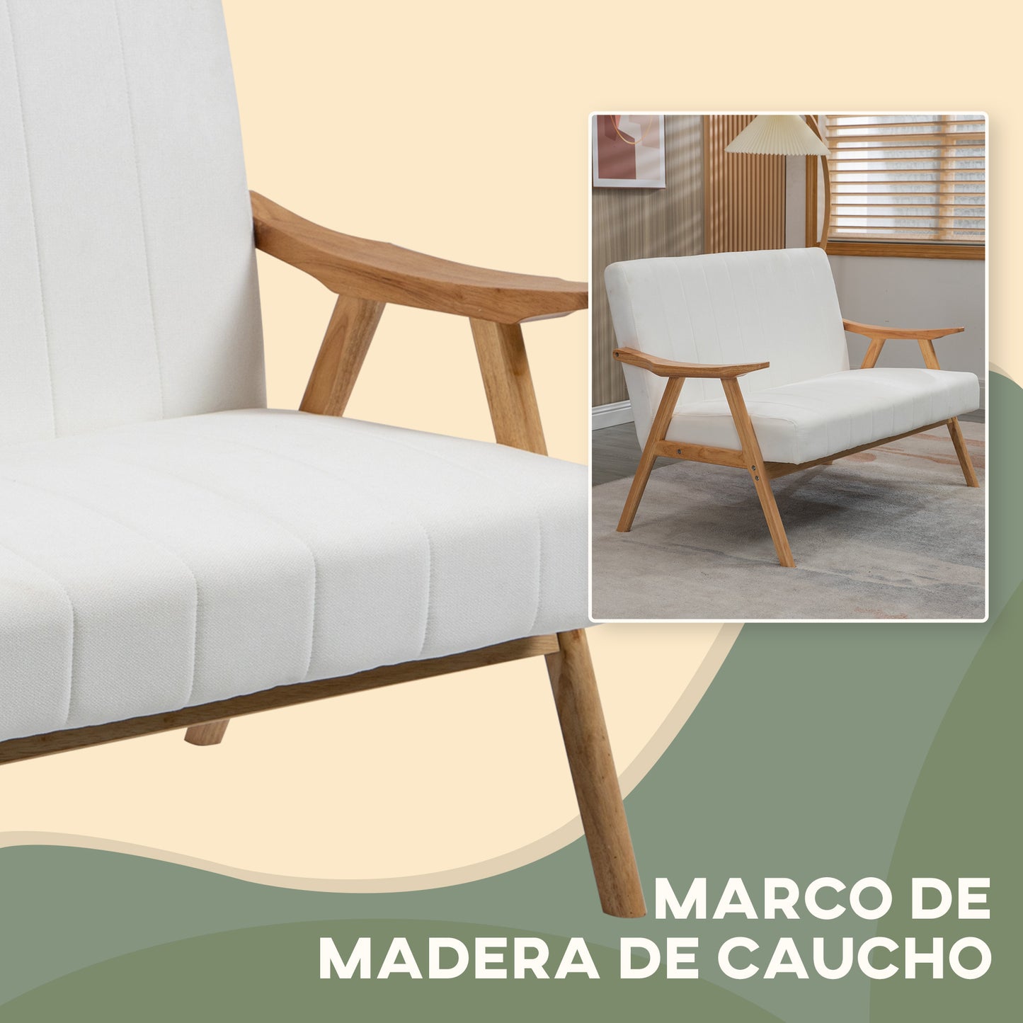 HOMCOM Sofá de 2 Plazas Moderno Sofá de Salón Decorativo Tapizado en Poliéster con Asiento Acolchado y Patas de Madera para Dormitorio Carga 200 kg 130x74x82 cm Crema