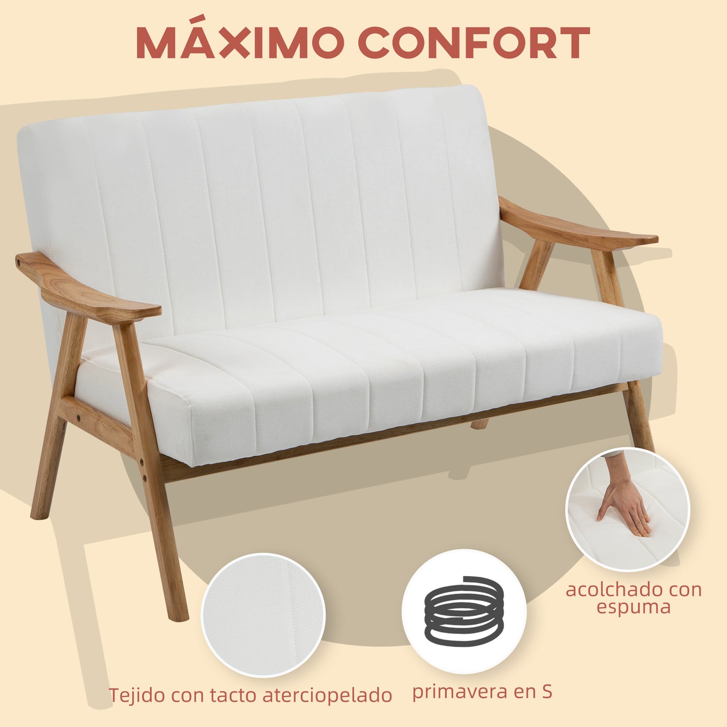 HOMCOM Sofá de 2 Plazas Moderno Sofá de Salón Decorativo Tapizado en Poliéster con Asiento Acolchado y Patas de Madera para Dormitorio Carga 200 kg 130x74x82 cm Crema