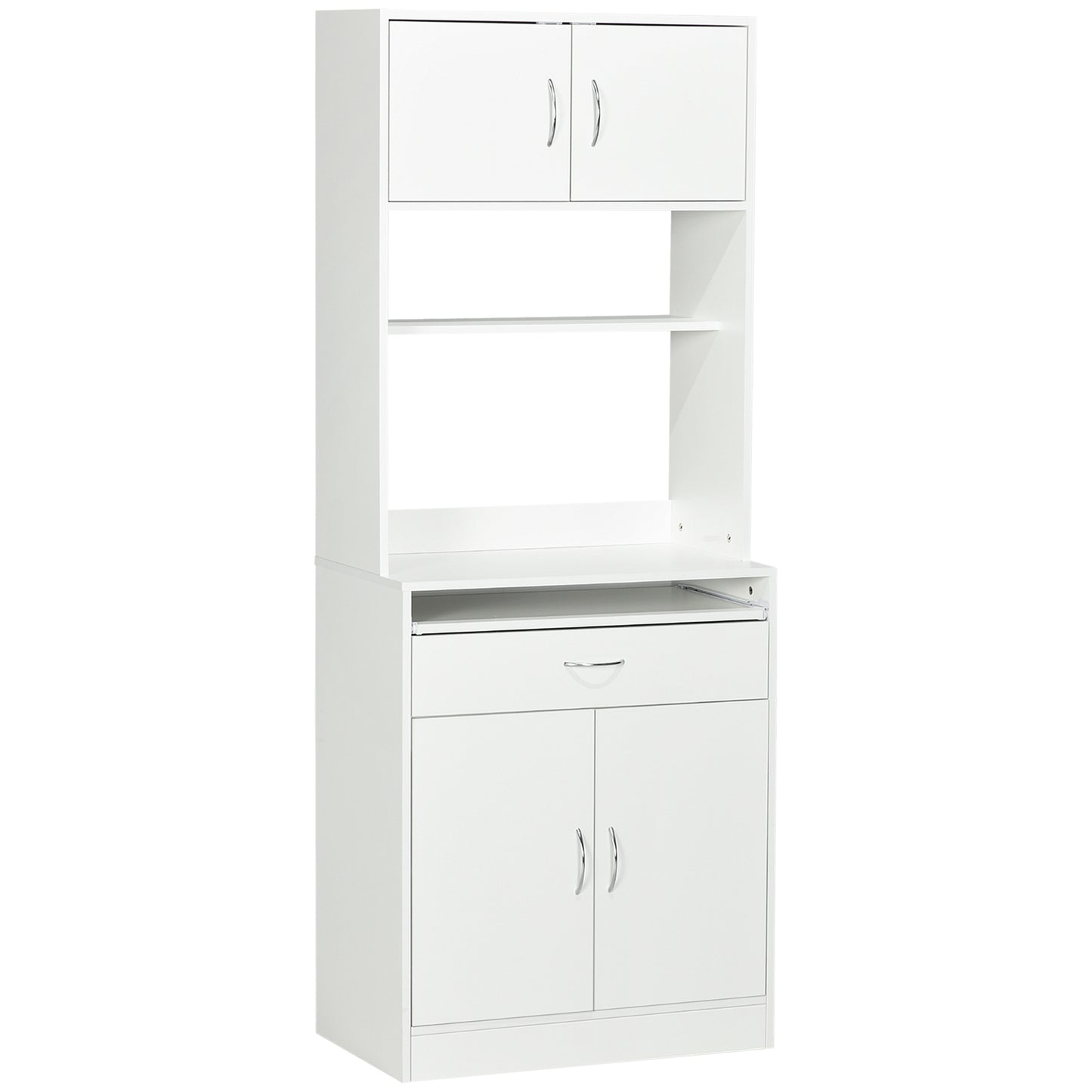 HOMCOM Alacena de Cocina Mueble Aparador Auxiliar con 4 Puertas Bandeja Extraíble Estante Ajustable Cajón y Encimera de Microondas Abierta 70x40x180 cm Blanco