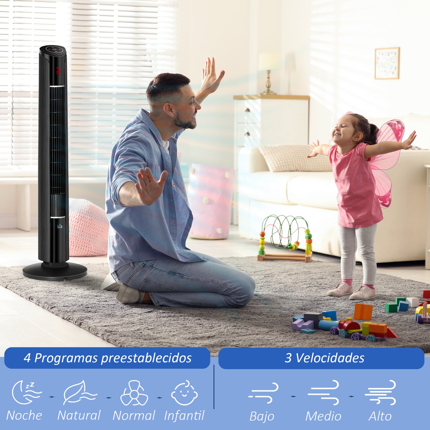 HOMCOM Ventilador de Torre Silencioso Bajo Consumo Altura 107 cm 45W con Mando a Distancia 3 Velocidades 4 Modos Oscilación de 70° Pantalla LED Táctil y Temporizador 12h Oficina Hogar Negro