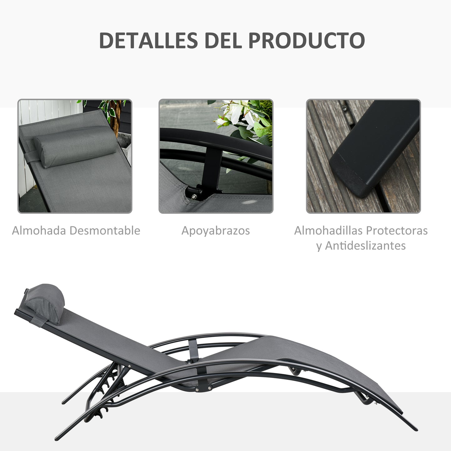 Outsunny Tumbona Reclinable de Aluminio con Respaldo Ajustable en 5 Posiciones y Reposacabezas Extraíble Acolchado Texteline para Jardín Terraza Balcón 171x64x82 cm Gris