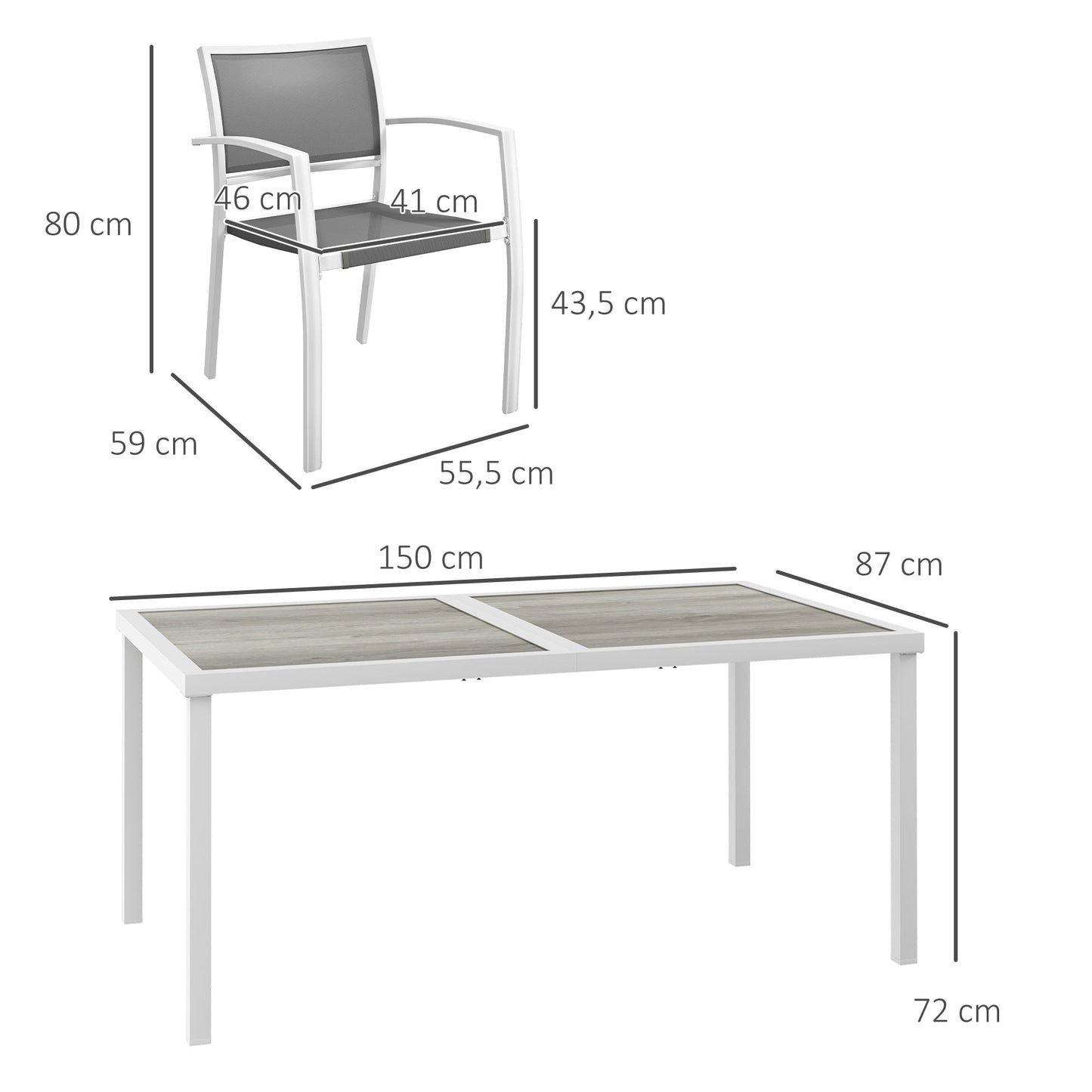 Outsunny Conjunto de Comedor de Exterior Juego de Comedor de Jardín de 7 Piezas con 1 Mesa y 6 Sillas Apilables Estilo Moderno para Terraza Patio Blanco y Gris