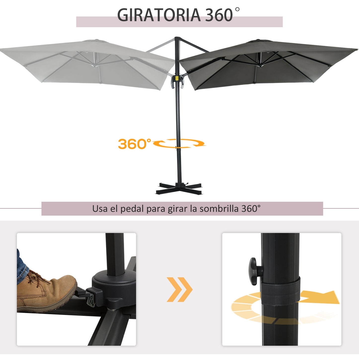 Outsunny Sombrilla de Jardín de Aluminio 245x245x245 cm Parasol Excéntrico con Manivela Giratorio 360° Inclinación de 5 Niveles Tela Desmontable Gris