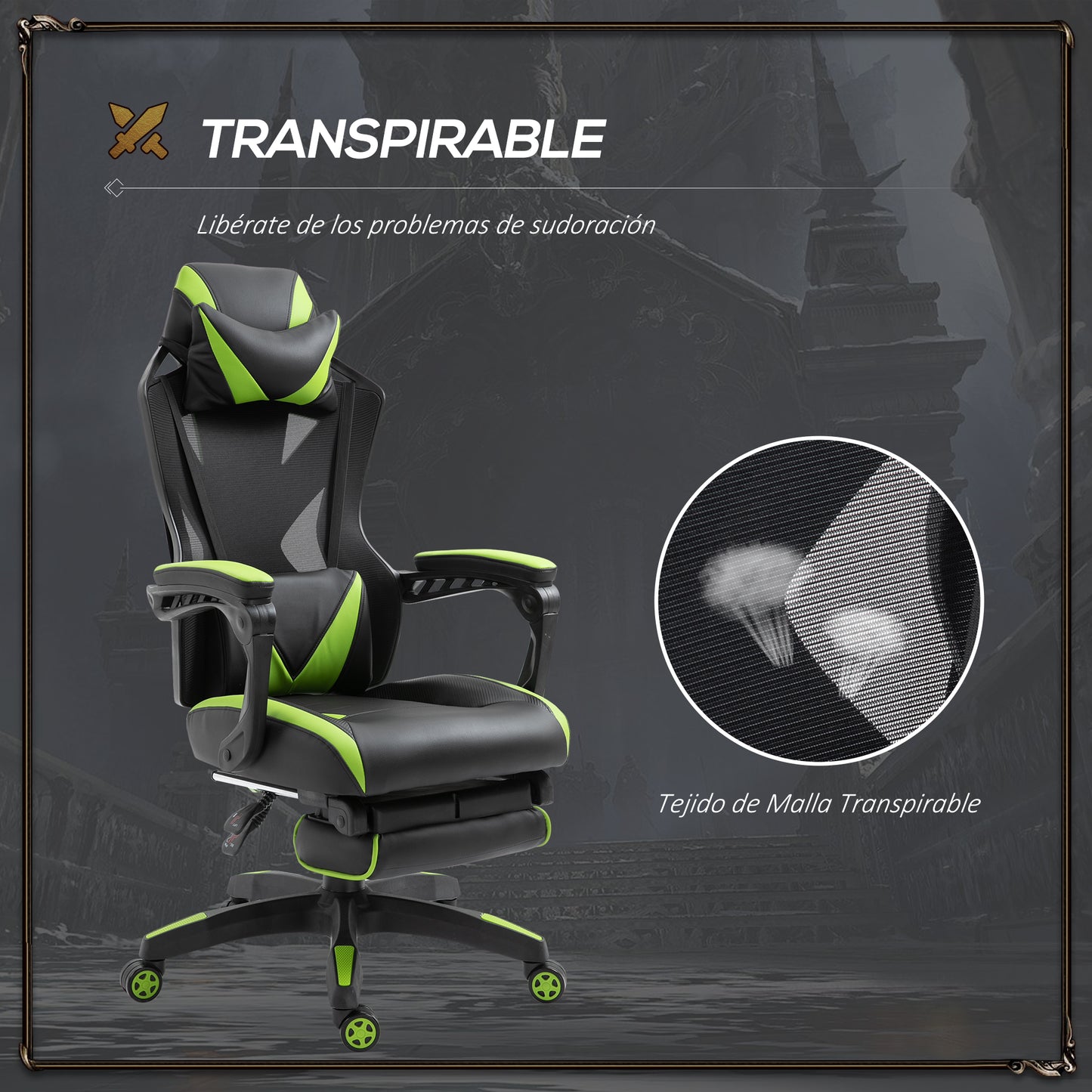 Vinsetto Silla Gaming Ergonómica Silla de Escritorio para Oficina con Altura Ajustable Respaldo Regulable de 170° Almohada Lumbar y Reposapiés Retráctil 65x70x117-125 cm Verde