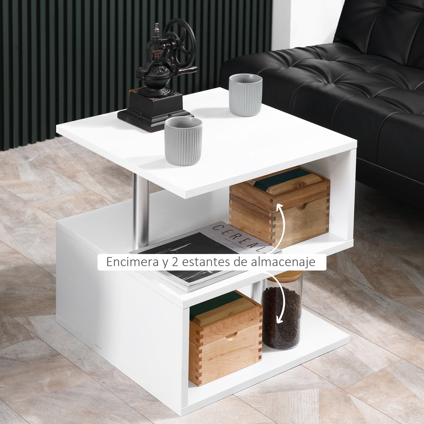 HOMCOM Mesita Auxiliar Mesa Auxiliar Pequeña Mesa para Sofá de Forma S con Compartimento Abierto Diseño Moderno 50x50x50 cm Blanco