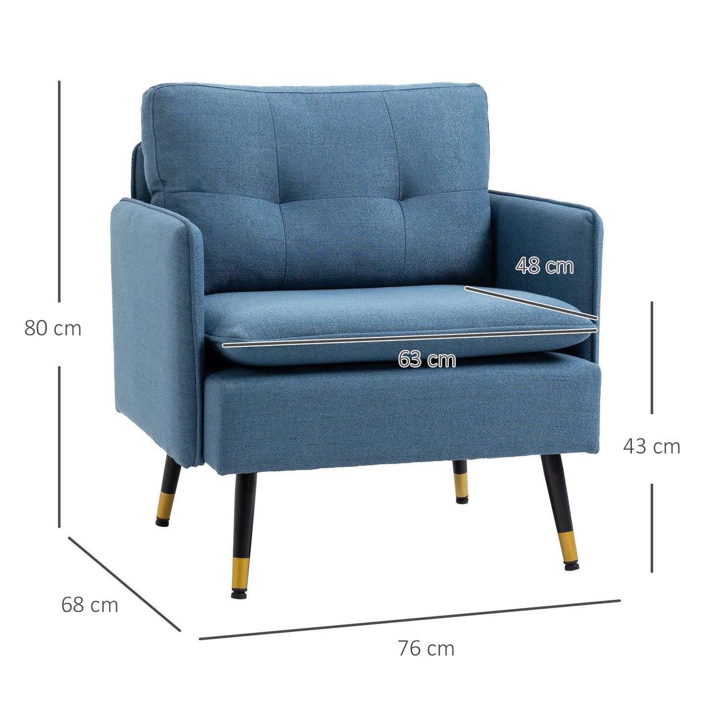 HOMCOM Butaca de Salón Sillón Relax con Reposabrazos Asiento Acolchado y Patas de Acero Sofá Individual de Moderno para Dormitorio 76x68x80 cm Azul Oscuro