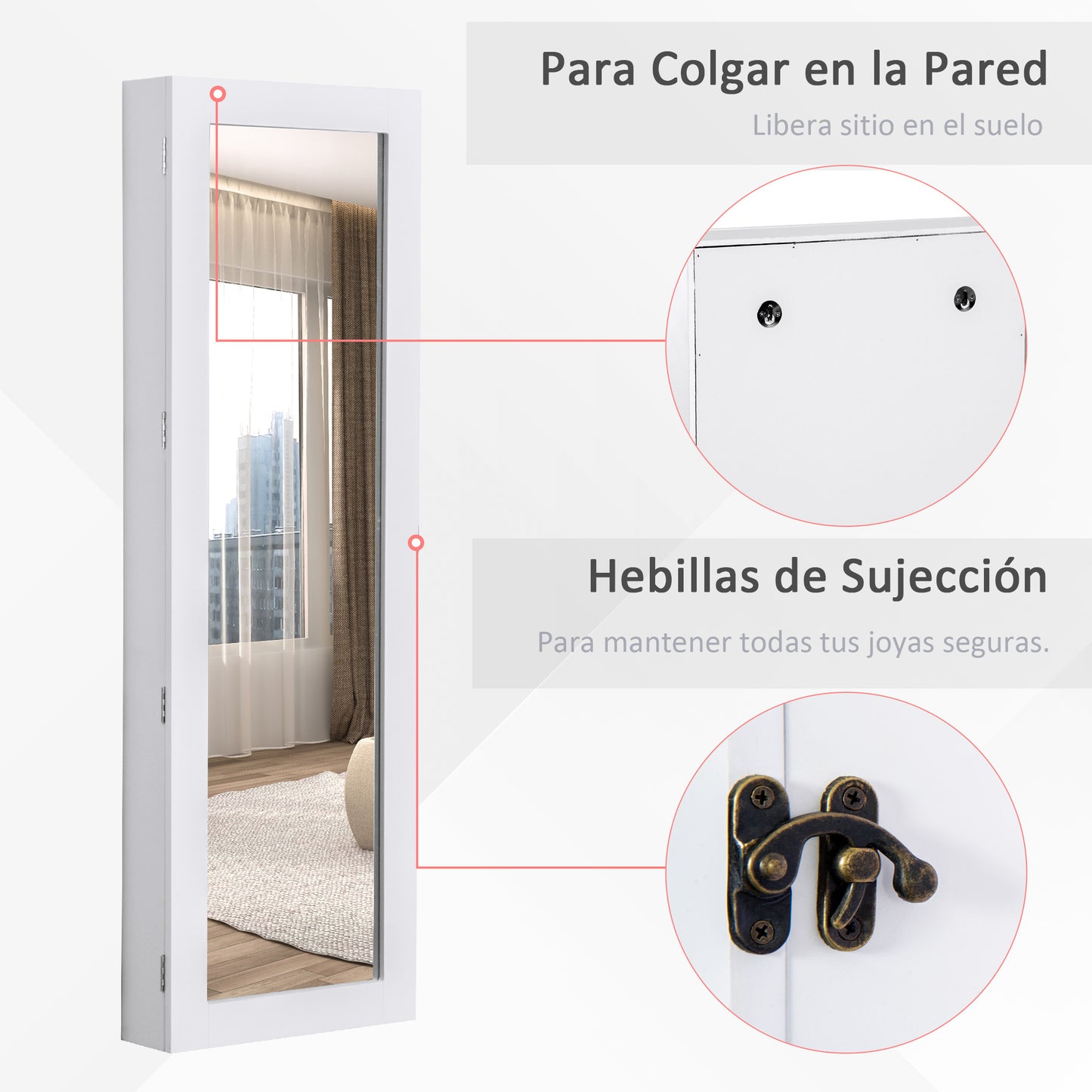 HOMCOM Espejo Joyero Colgante de Pared Armario de Joyería Organizador de Joyas con Ganchos y Ranuras para Collares para Dormitorio Salón 37x9,5x112 cm Blanco