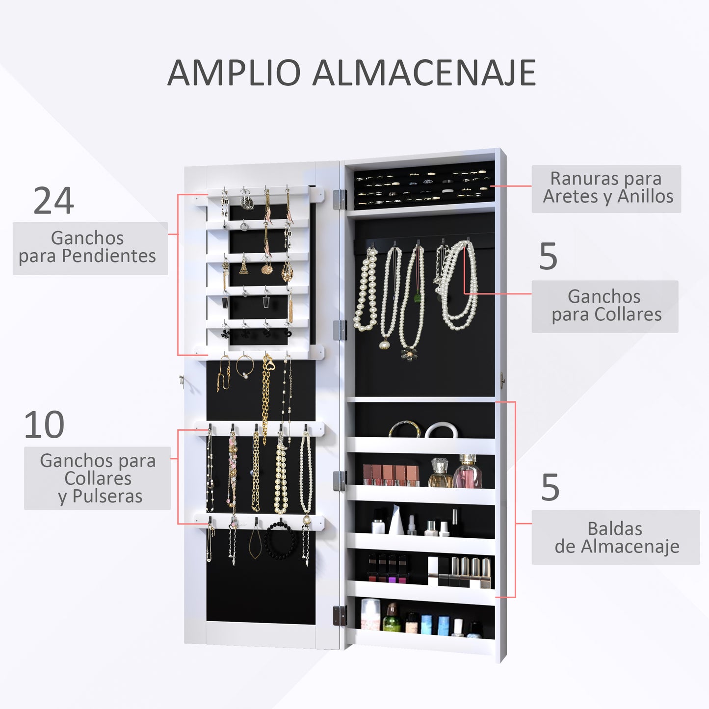 HOMCOM Espejo Joyero Colgante de Pared Armario de Joyería Organizador de Joyas con Ganchos y Ranuras para Collares para Dormitorio Salón 37x9,5x112 cm Blanco