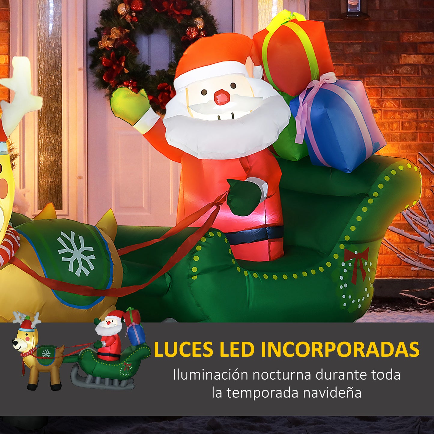 HOMCOM Decoración Inflable de Navidad Papá Noel con Trineo y 2 Renos Decoración Navideña con 4 Luces LED para Jardín Patio 210x70x125 cm