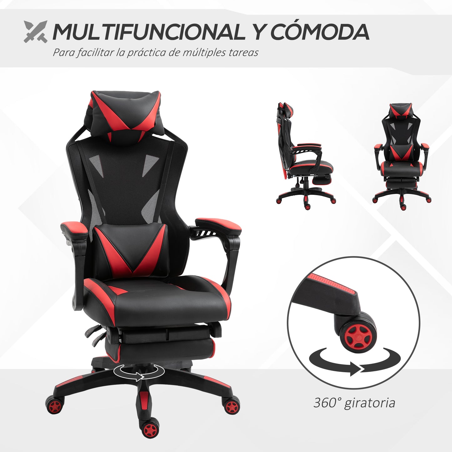 Vinsetto Silla Gaming Ergonómica Silla de Escritorio para Oficina con Altura Ajustable Respaldo Regulable de 170° Almohada Lumbar y Reposapiés Retráctil 65x70x117-125 cm Rojo