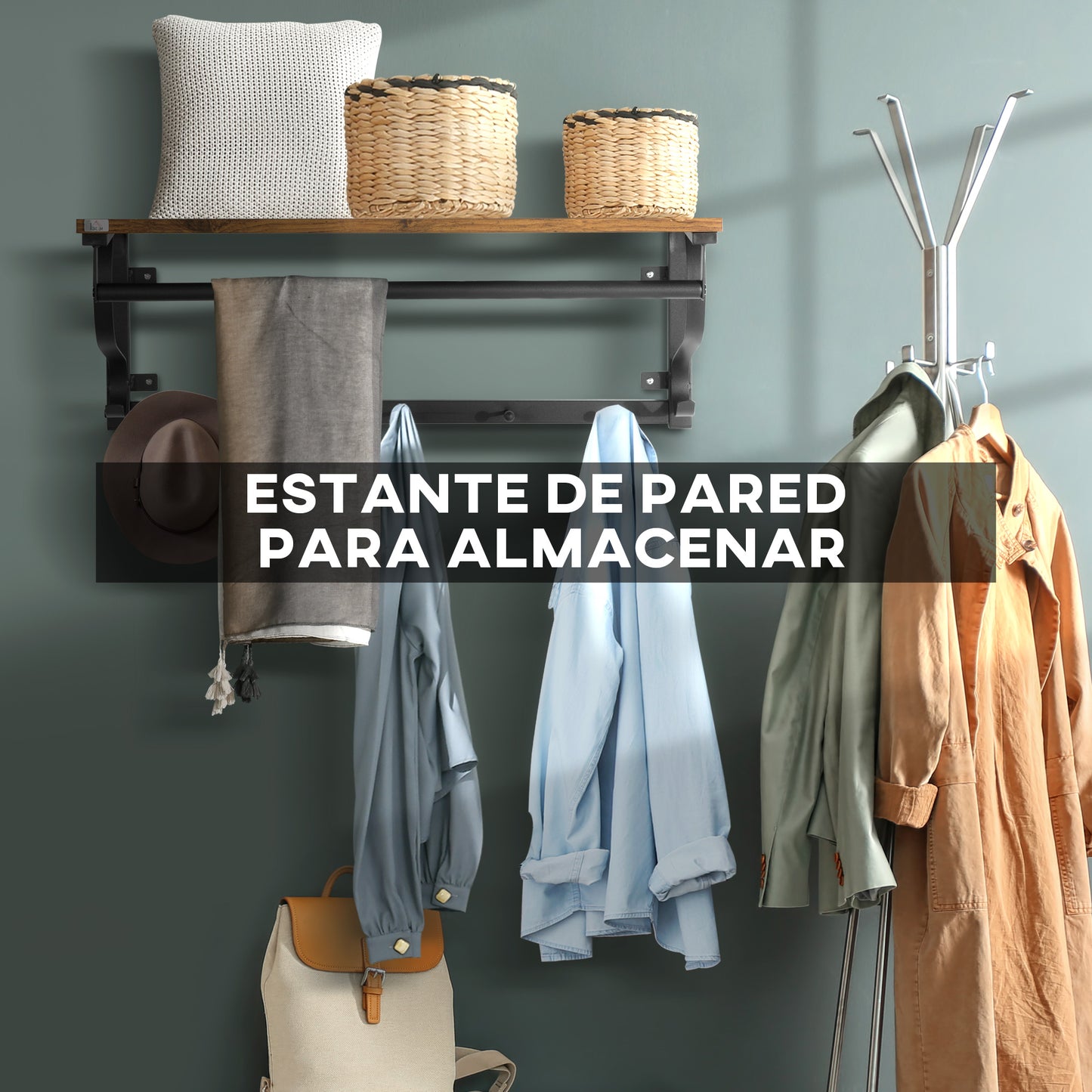 HOMCOM Estantería de Pared Balda Flotante con 5 Ganchos y 1 Barra de Acero para Colgar Ropa Llaves Libros Estilo Moderno 66x30x27 cm Natural y Negro