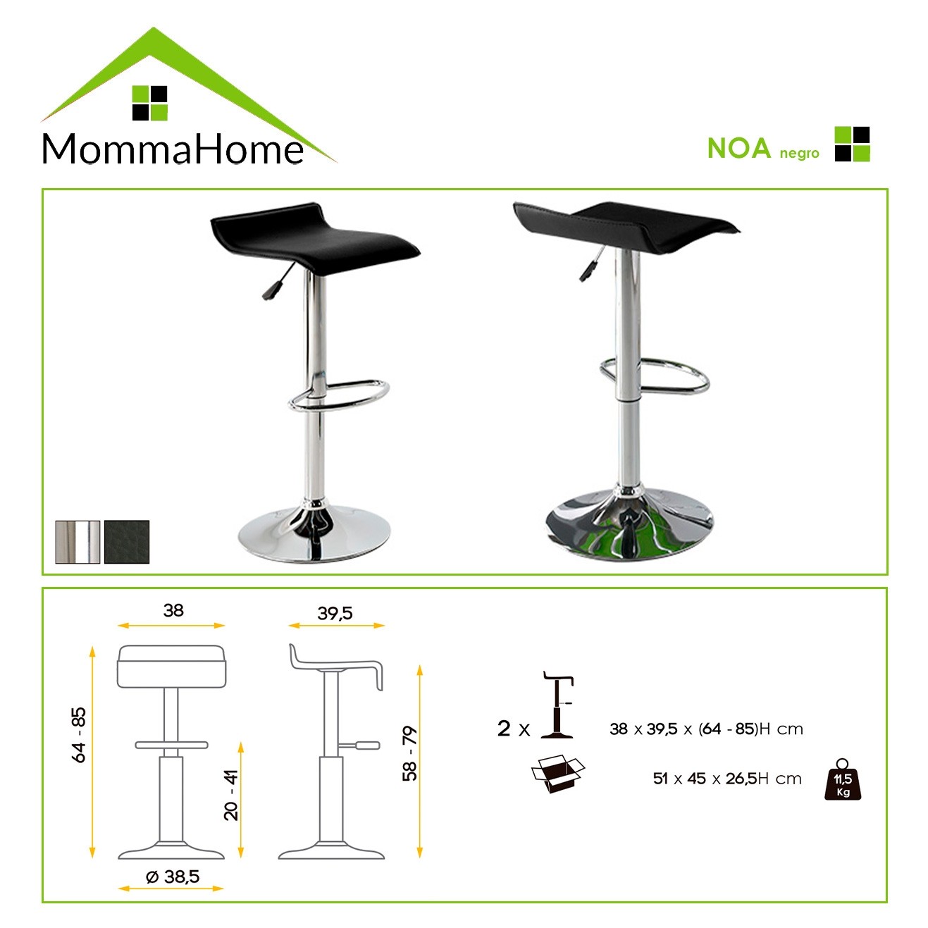 MOMMA HOME Set de 2 Taburetes de Asiento Elevado - Modelo Noa - Material Ecopiel/Metal Cromado - Medidas 38×39,5X 64/85 H cm