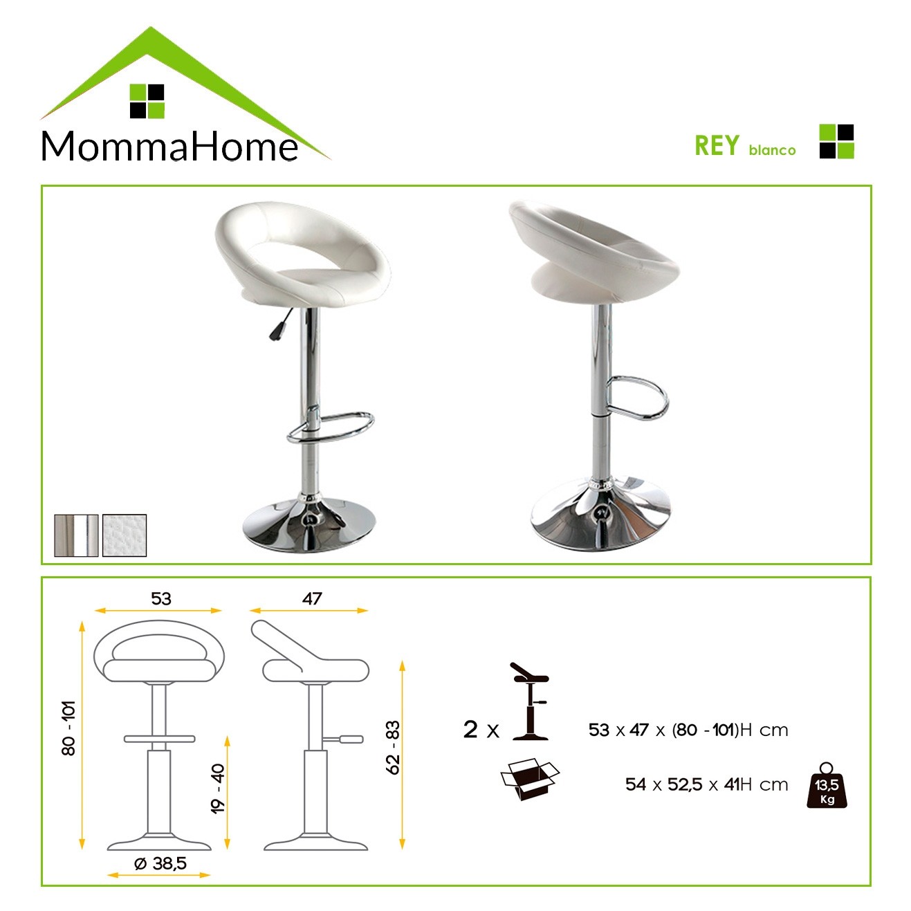 MOMMA HOME Pack 2 Taburetes de Asiento Elevado - Modelo Rey - Medidas 53x47x80 cm