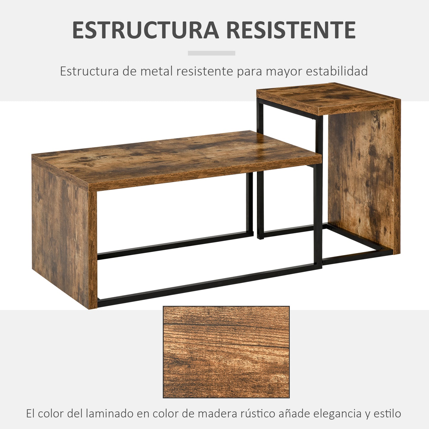 HOMCOM Juego de 2 Mesas de Centro Mesitas de Café con Patas de Metal Estilo Industrial para Salón Comedor Sala de Estar 90x48x42 cm y 59x42x36 cm Marrón Rústico