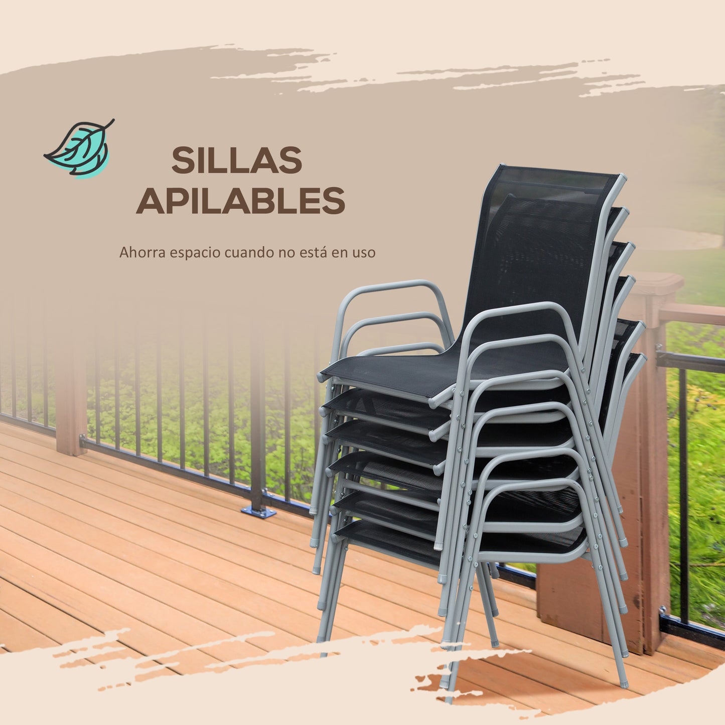 Outsunny Conjunto de Muebles Exterior para Jardín de 7 Piezas Incluye 1 Mesa y 6 Sillas con Resposabrazos Fabricado a Acero Decorativo Estilo Moderno Limpiar Fácil 150x90x72cm Color Negro