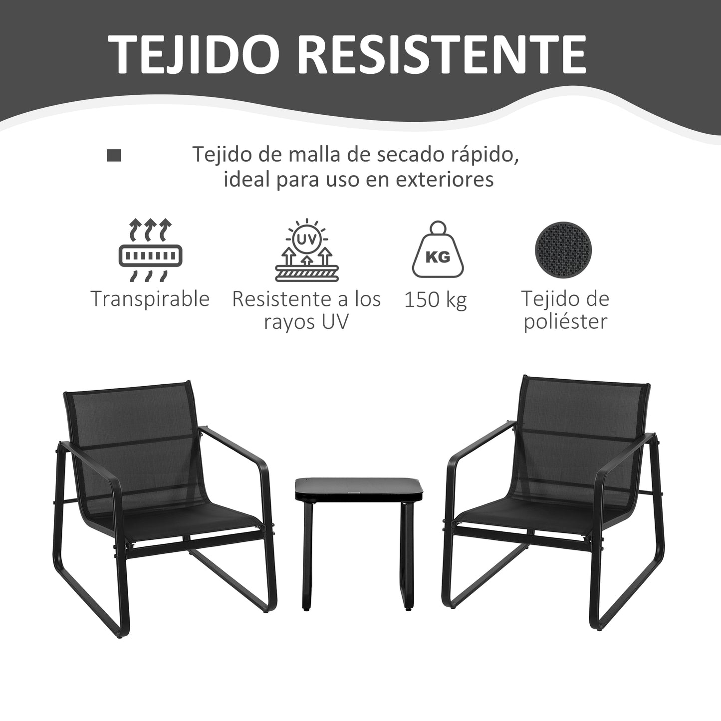 Outsunny Conjunto de Muebles de Jardín 3 Piezas Muebles de Jardín Exterior Incluye 1 Mesa de Vidrio Templado y 2 Sillas con Reposabrazos y Respaldo Transpirable para Terraza Balcón Negro