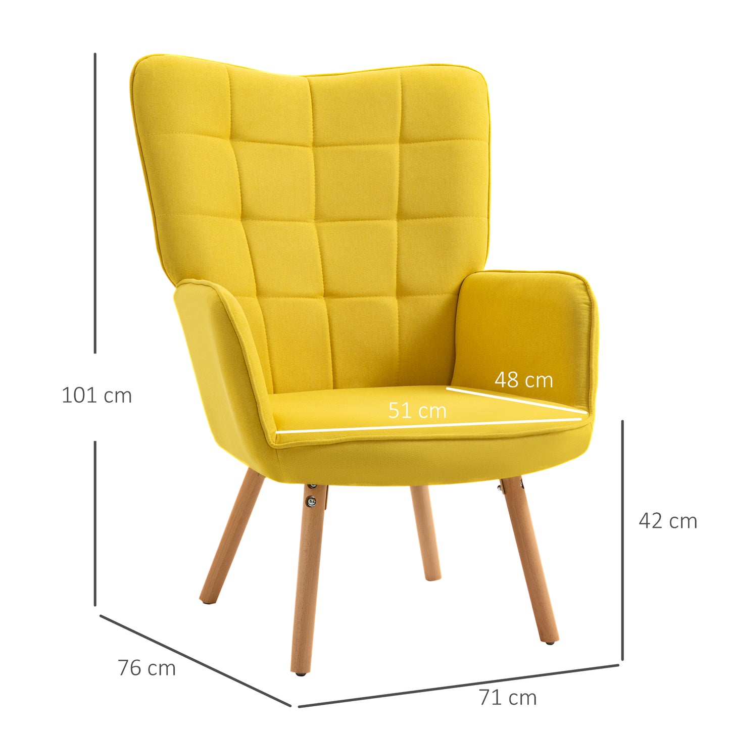 HOMCOM Sillón de Salón Moderno Butaca de Dormitorio con Respaldo Alto Reposabrazos Tela de Lino y Patas de Madera para Sala de Estar 71x76x101 cm Amarillo