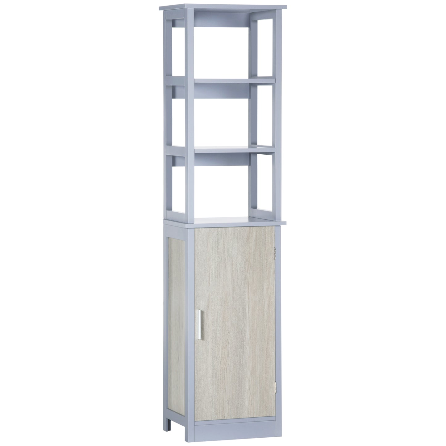 kleankin Armario Alto de Baño con 1 Puerta y 3 Estantes Abiertos Mueble Auxiliar de Almacenaje para Salón Cocina Dormitorio Carga 30 kg Antivuelco 40x30x160 cm Gris