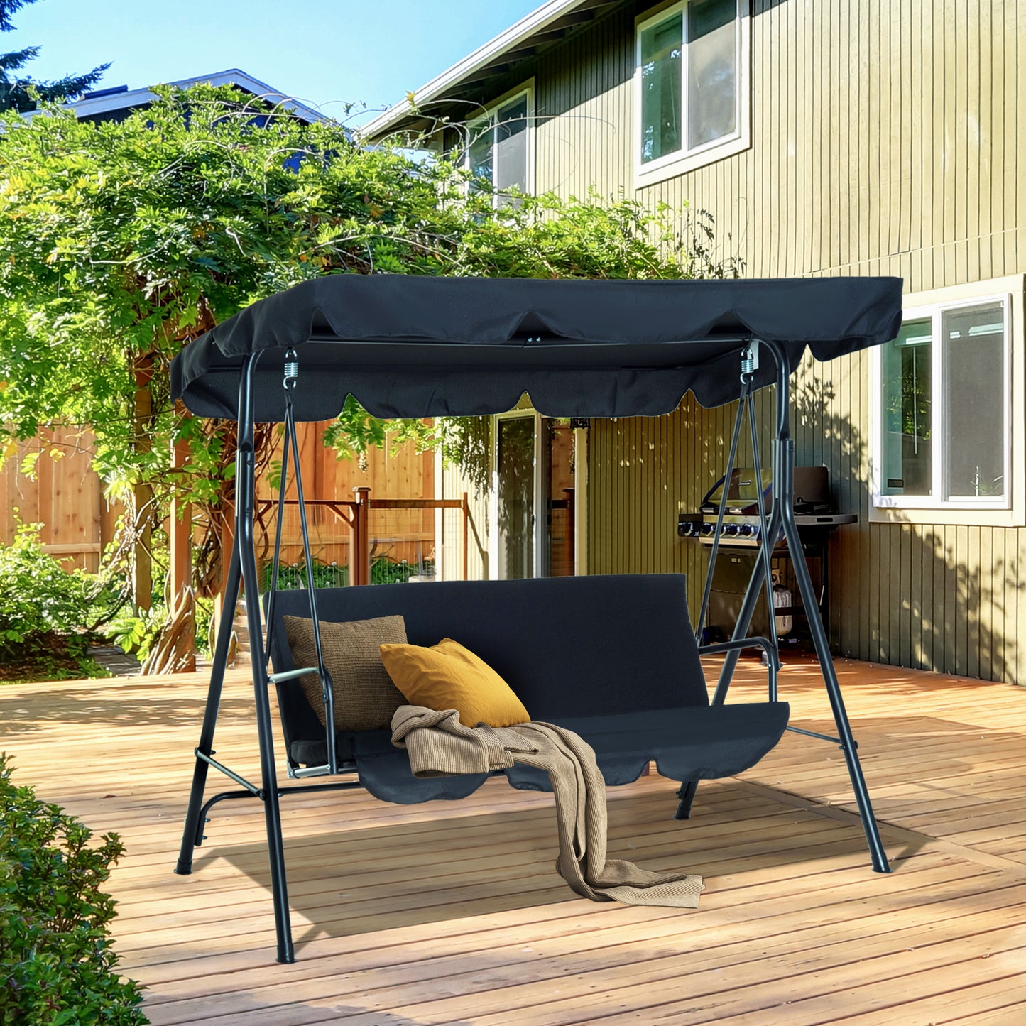 Outsunny Columpio de Jardín de 3 Plazas Silla Balancín con Parasol Techo Ajustable en Ángulo Impermeable para Exterior Terraza Balcón Carga Máx. 200 kg Acero 172x110x153 cm Negro