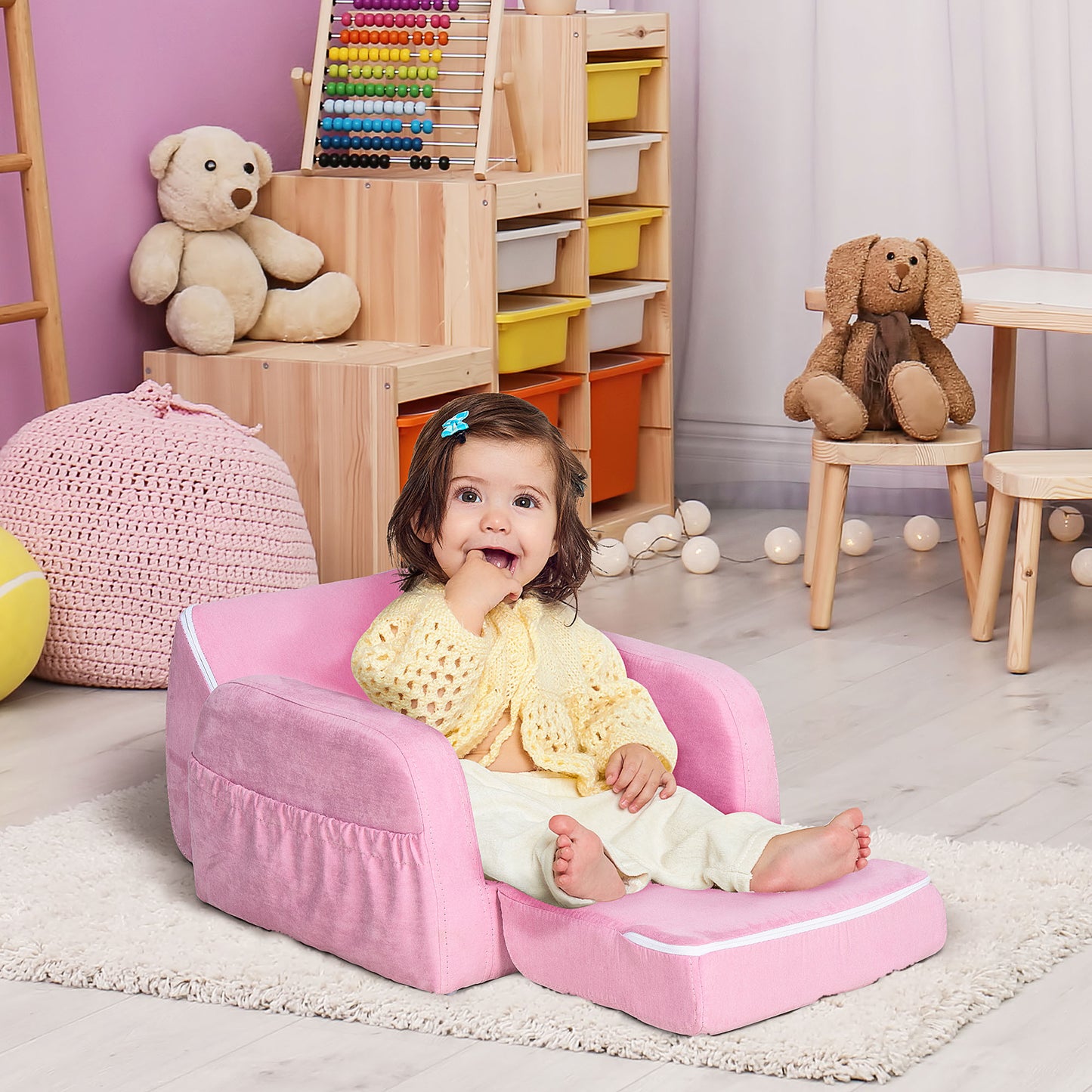 HOMCOM Sillón para Niños de 3 Años Sofá Transformable Diseño 2 en 1 Cama Infantil Plegable de 2 Posiciones con Reposabrazos Asiento Ancho Acolchado 47x45x38 cm Rosa