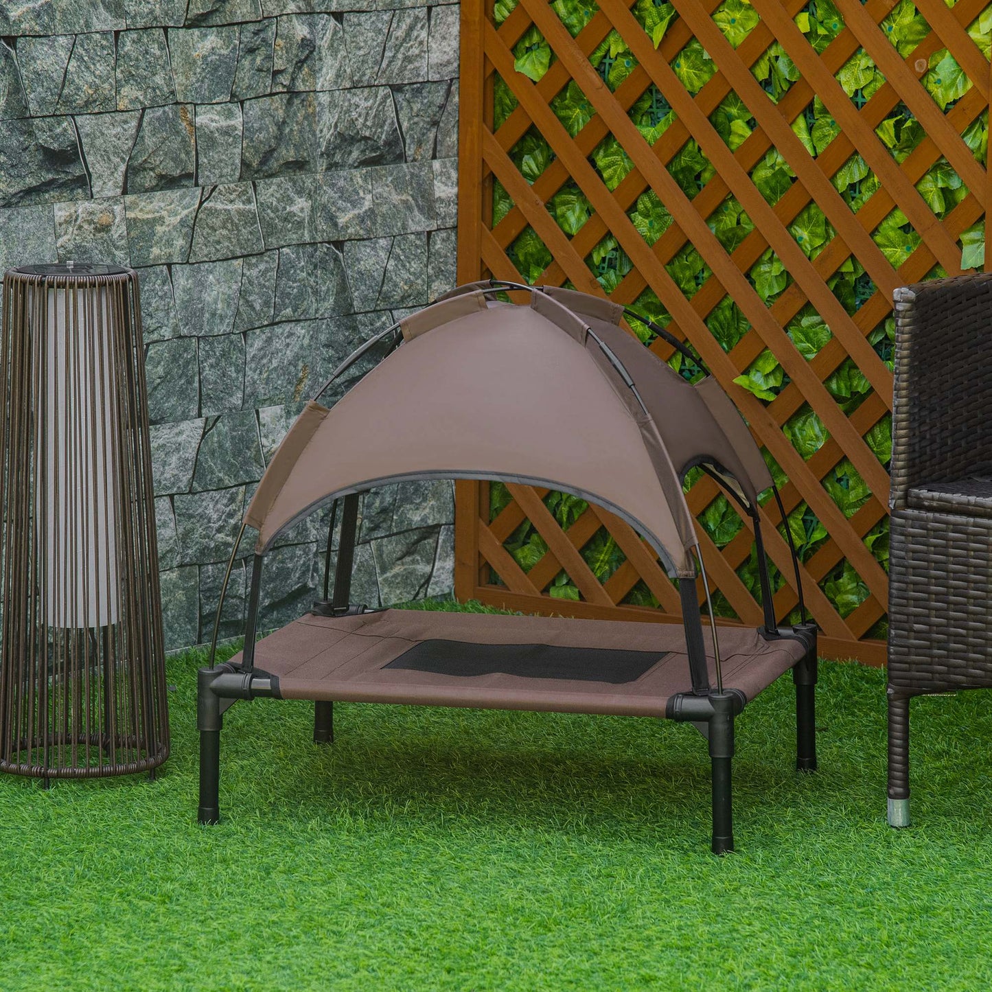 PawHut Cama Elevada para Mascotas Portátil con Toldo Extraíble Tela Transpirable al Aire Libre para Interior y Exterior 61x46x62 cm Café