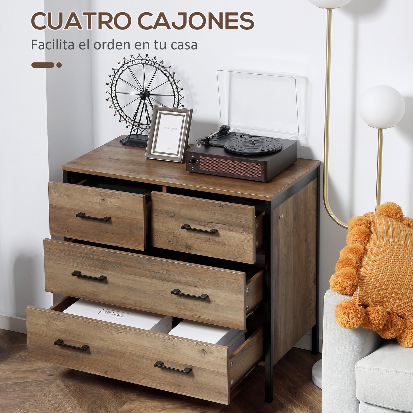 HOMCOM Cajonera con 4 Cajones Cómoda de Dormitorio de Madera Mueble Almacenaje para Salón Habitación Oficina Estilo Industrial Antivuelco 80x40x75 cm Marrón