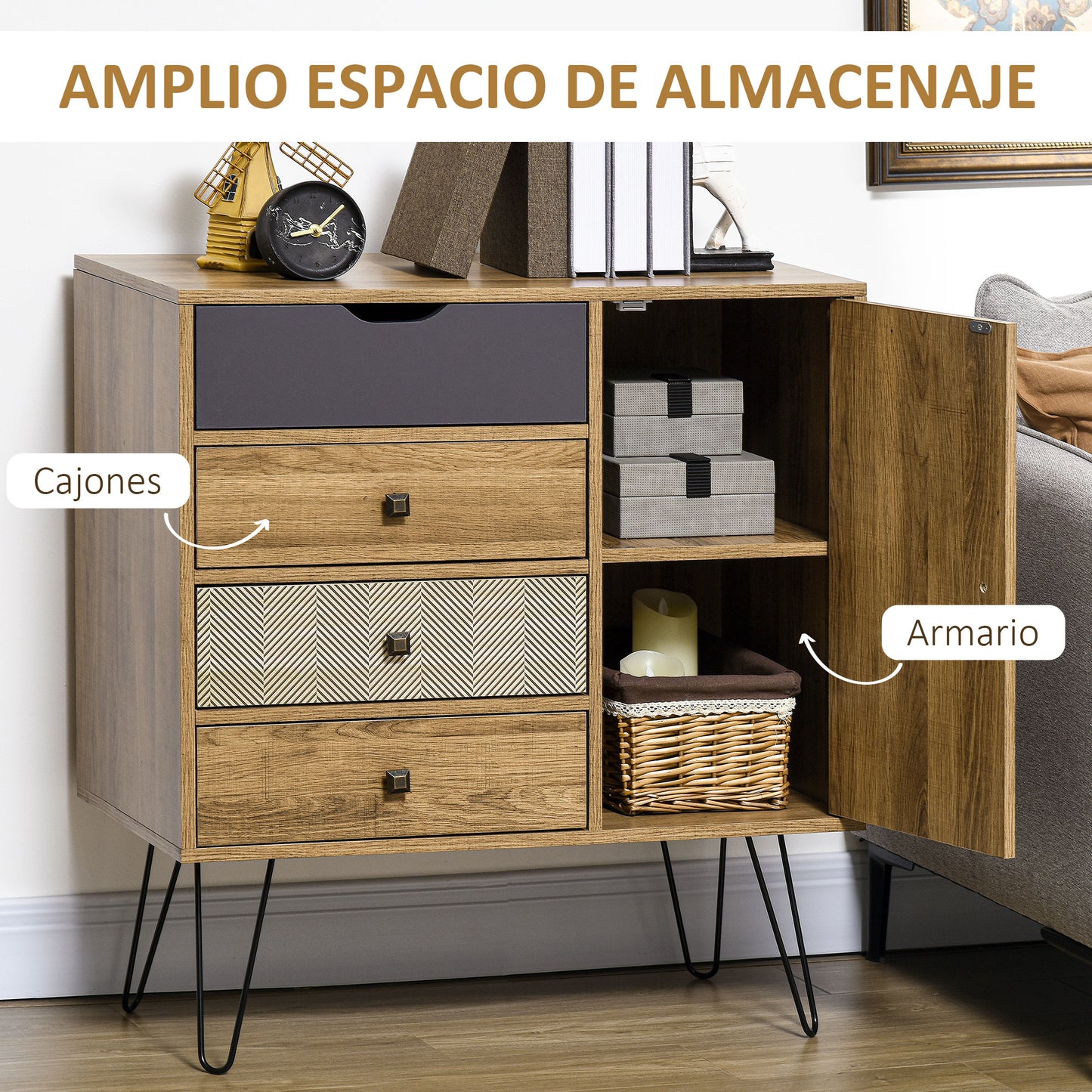 HOMCOM Cómoda con 4 Cajones Cajonera de Madera con Puerta Estante Ajustable y Patas de Metal para Salón Dormitorio Cocina 79x39x86 cm Marrón