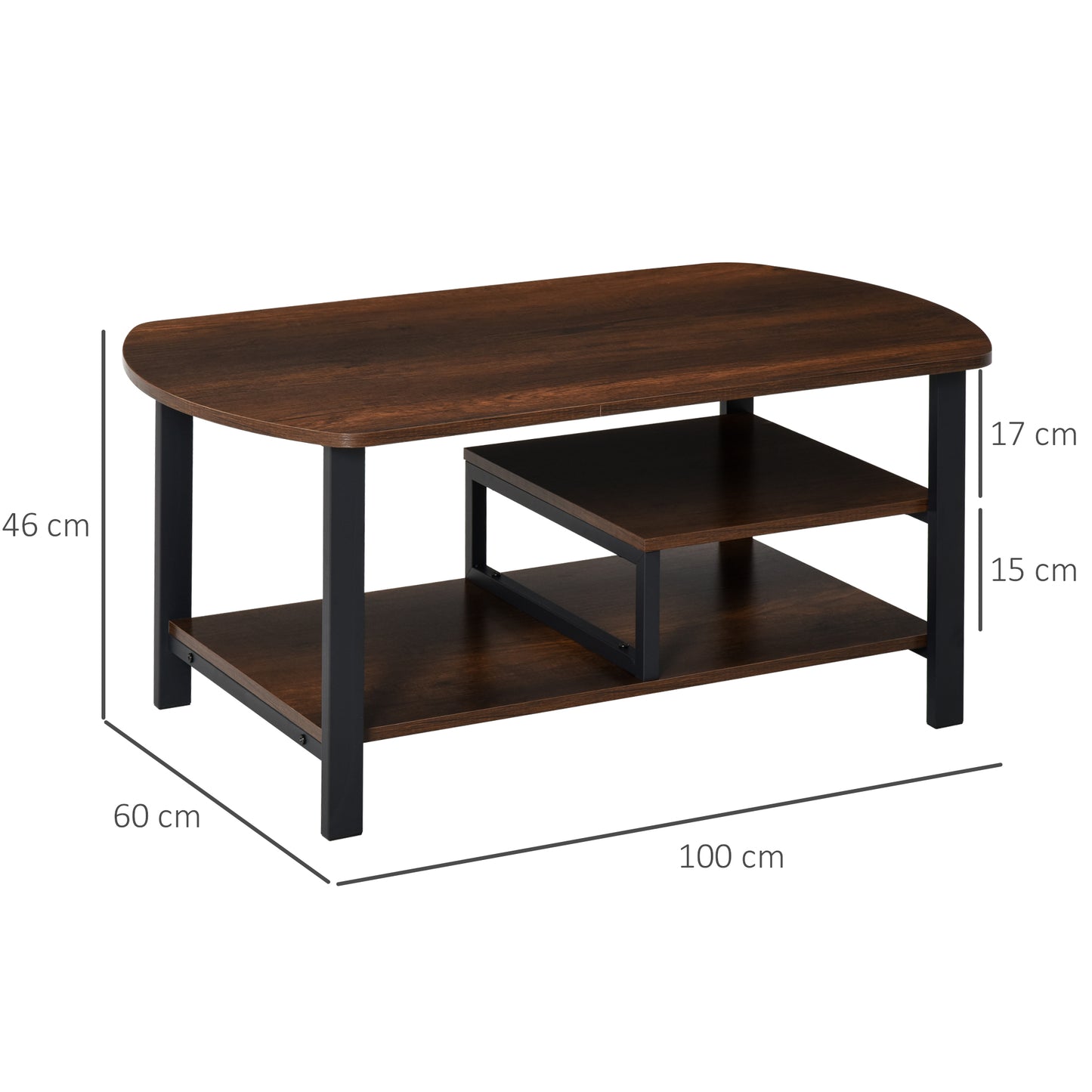 HOMCOM Mesa de Centro Mesa de Café con 2 Estantes para Salón Sala de Estar Dormitorio Estilo Vintage Madera 100x60x46 cm Marrón Rústico