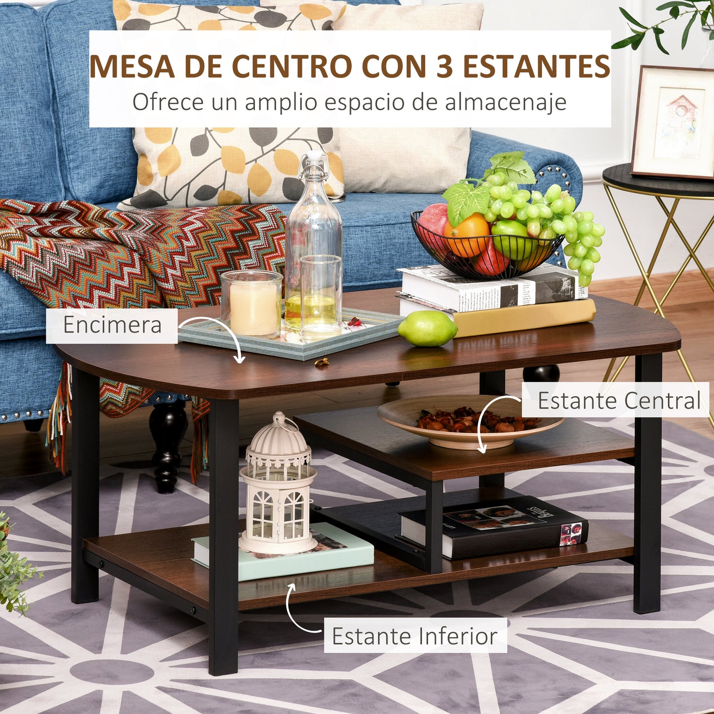 HOMCOM Mesa de Centro Mesa de Café con 2 Estantes para Salón Sala de Estar Dormitorio Estilo Vintage Madera 100x60x46 cm Marrón Rústico