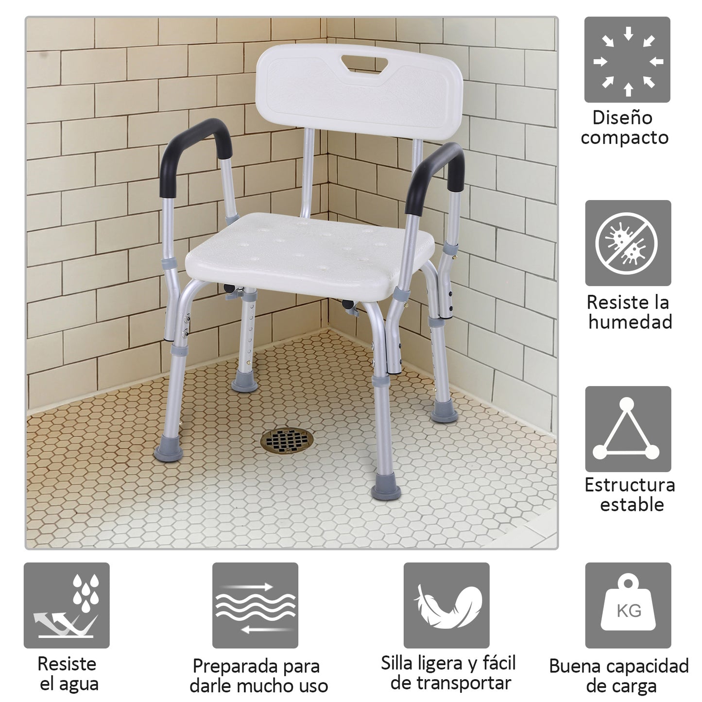 HOMCOM Silla Ducha Personas Mayores Silla para Ducha Taburete de Ducha Antideslizante con Altura Ajustable y Reposabrazos Regulable Carga 136 kg para Ancianos y Discapacitados