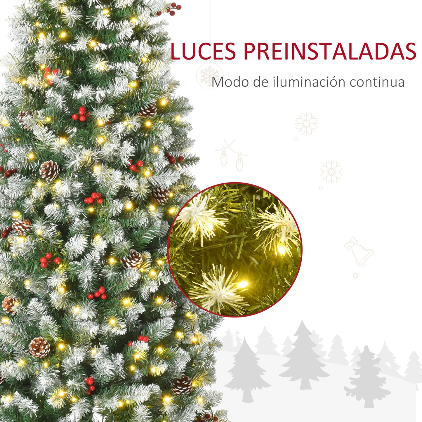 HOMCOM Árbol de Navidad Nevado Artificial 180 cm con 300 Luces LED Blanco Cálido 618 Ramas Ignífugas de PVC Decoraciones Incluidas y Base Plegable Ø65x180 cm Verde