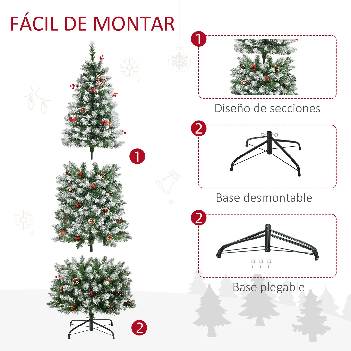 HOMCOM Árbol de Navidad Nevado Artificial 180 cm con 300 Luces LED Blanco Cálido 618 Ramas Ignífugas de PVC Decoraciones Incluidas y Base Plegable Ø65x180 cm Verde