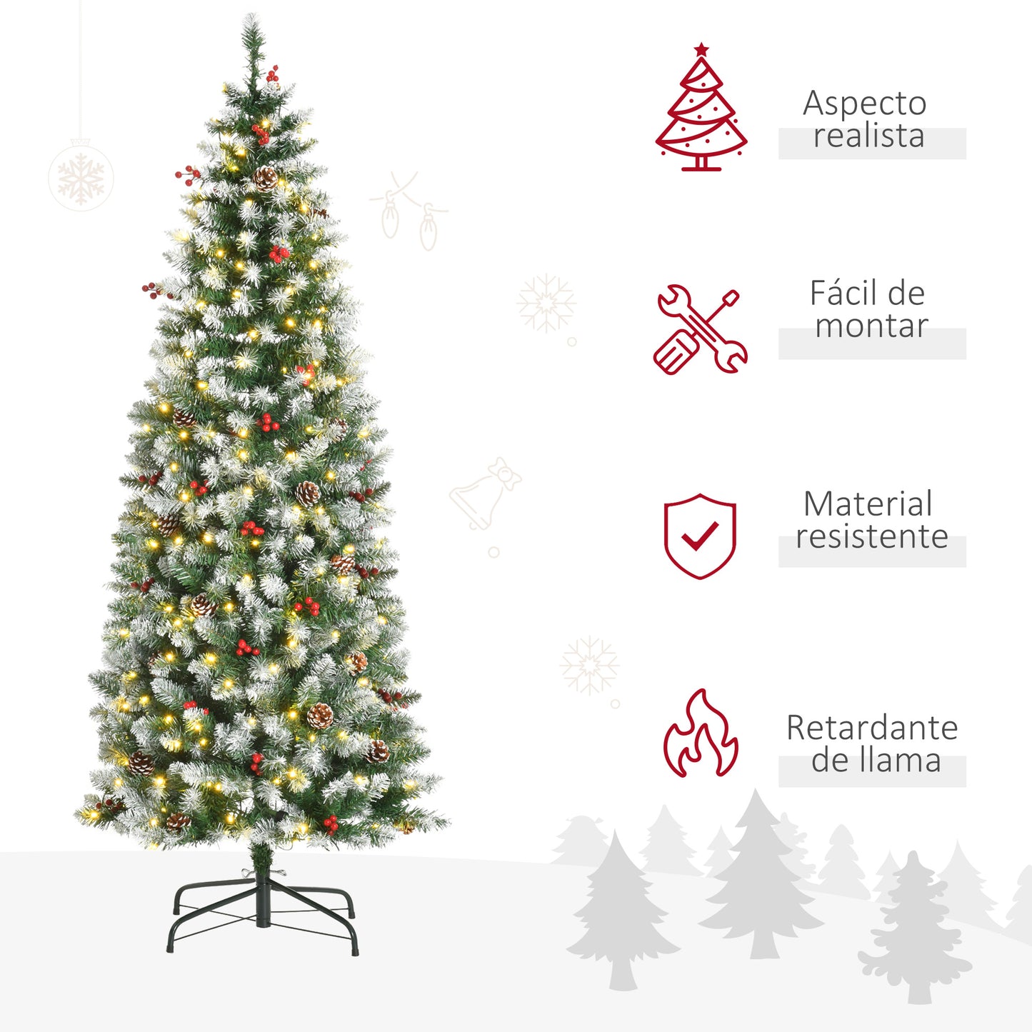 HOMCOM Árbol de Navidad Nevado Artificial 180 cm con 300 Luces LED Blanco Cálido 618 Ramas Ignífugas de PVC Decoraciones Incluidas y Base Plegable Ø65x180 cm Verde