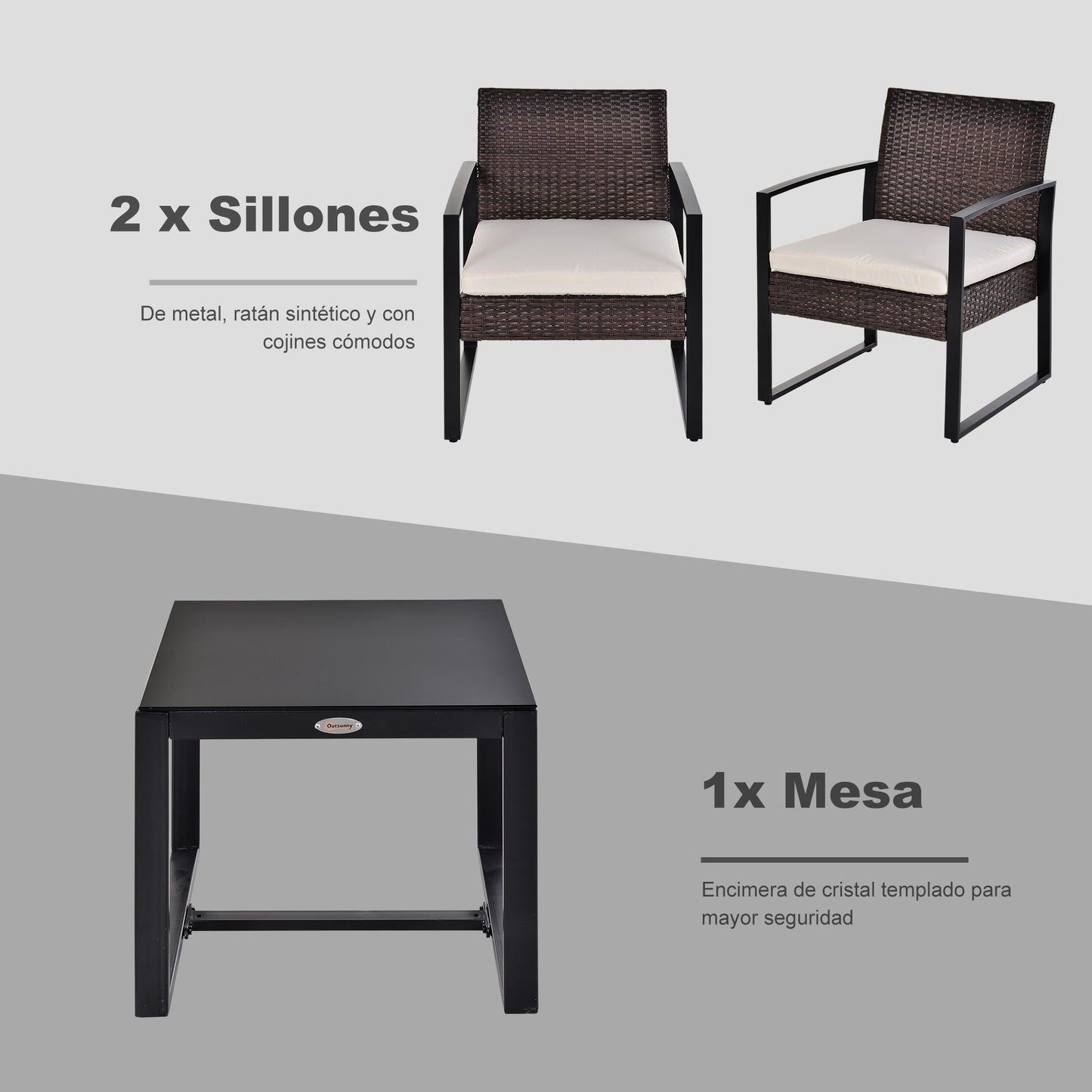 Outsunny Conjunto de Mesa y Sillas de Jardín para Exterior Juego de 3 Piezas Sillas y Mesa de Ratán Incluye 2 Sillones y 1 Mesa de Centro de Vidrio Marrón