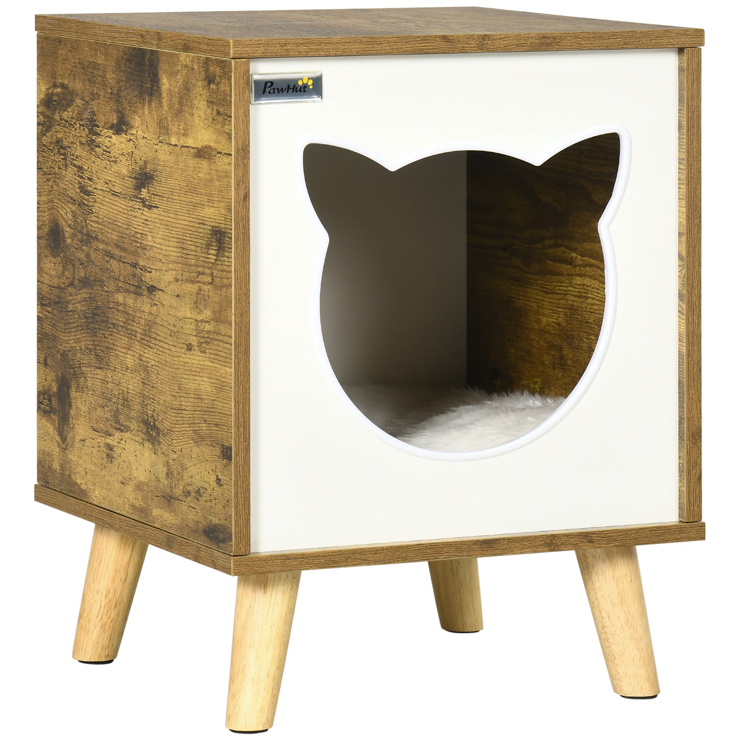 Pawhut Caseta de Madera para Gatos Casa para Gatos Interior Cuerva de Gatos con Cojín Lavable y Patas Elevadas 34x34x44,5 cm Marrón