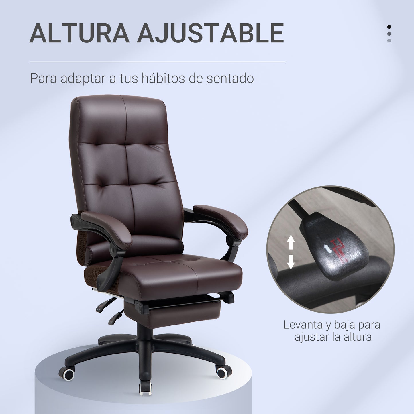 Vinsetto Silla de Oficina Giratoria Silla de Escritorio Reclinable Silla de Estudio Tapizada de PU con Altura Ajustable Reposabrazos Reposapiés 65x65x118-125 cm Marrón