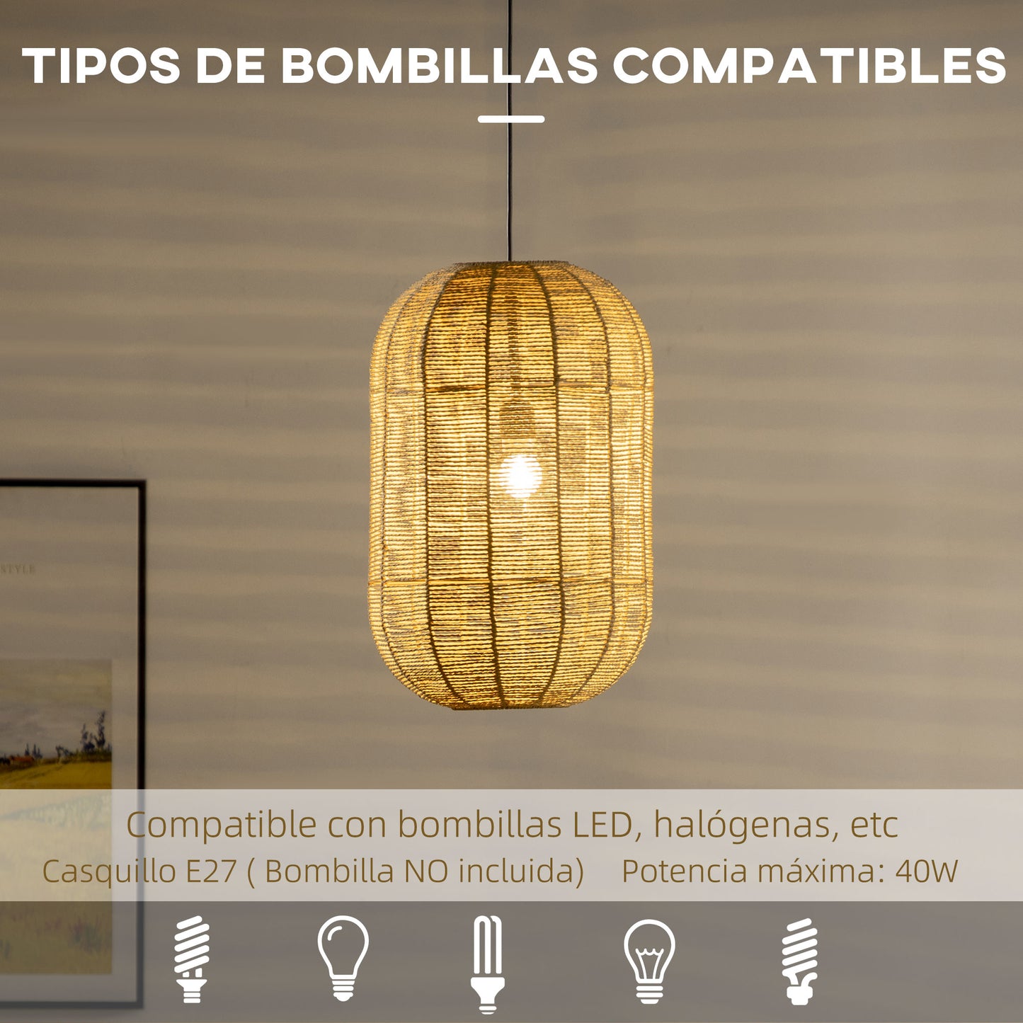 HOMCOM Lámpara Colgante de Cuerda de Papel Lámpara de Techo Casquillo E27 Máx. 40W con Cuerda Ajustable para Salón Cocina Dormitorio Ø30x47 cm Natural