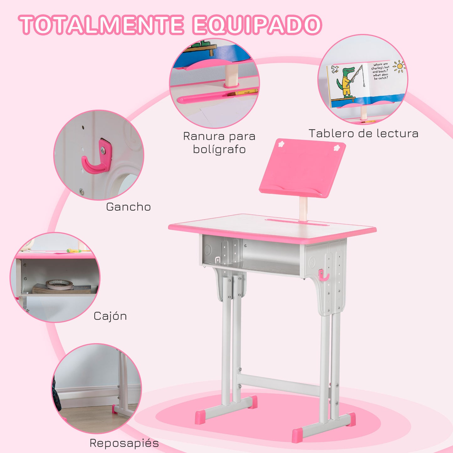 HOMCOM Juego de Escritorio y Silla para Niños de 6-12 Años Pupitre Infantil Altura Ajustable con 1 Cajón 1 Ranura para Lápiz y 1 Estante para Libros Acero 60x45x90-102 cm Rosa