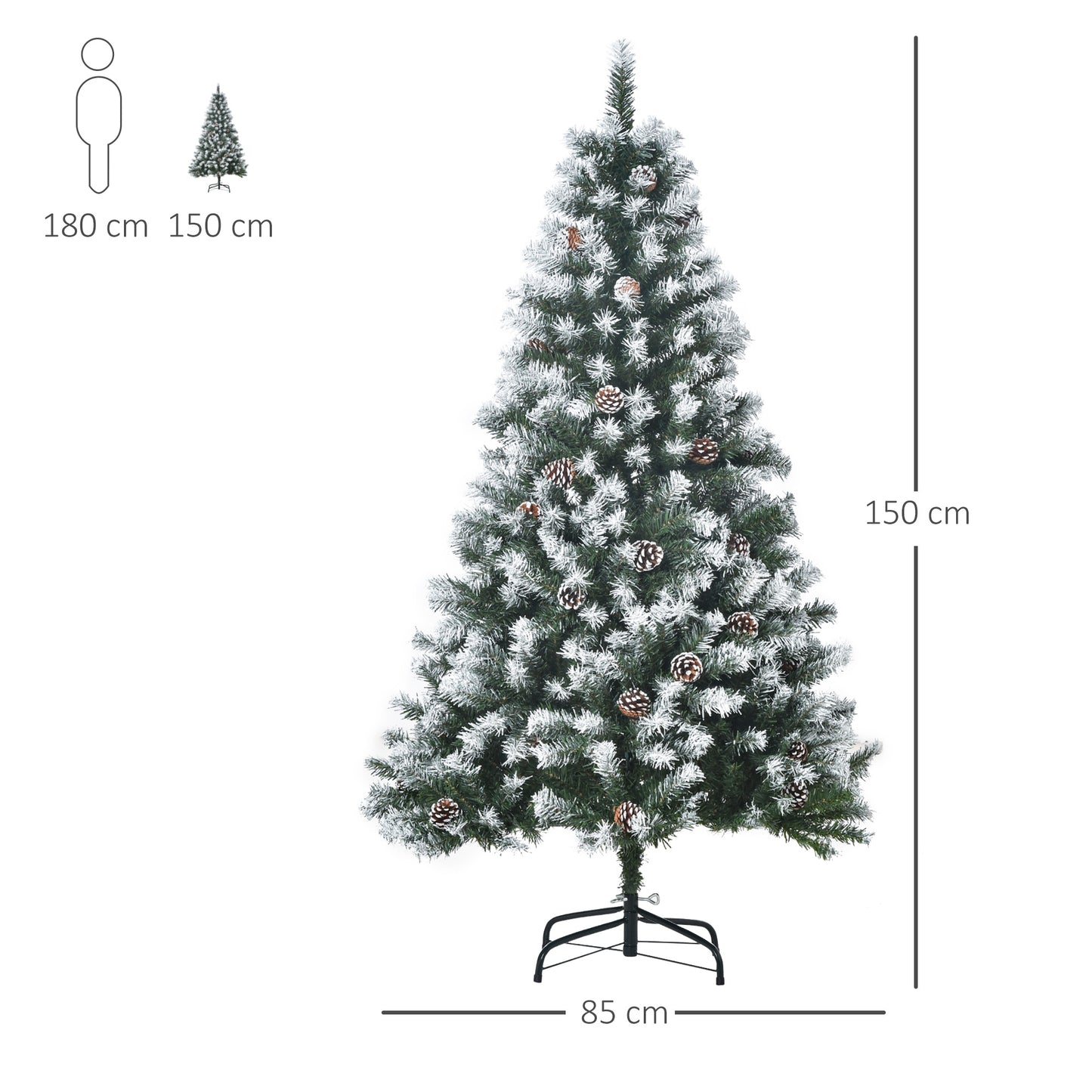 HOMCOM Árbol de Navidad Artificial 150 cm con Nieve Ignífugo con 676 Ramas 41 Piñas Hojas de PVC Apertura Automática Base Plegable y Soporte Metálico Decoración Navideña para Interiores Verde