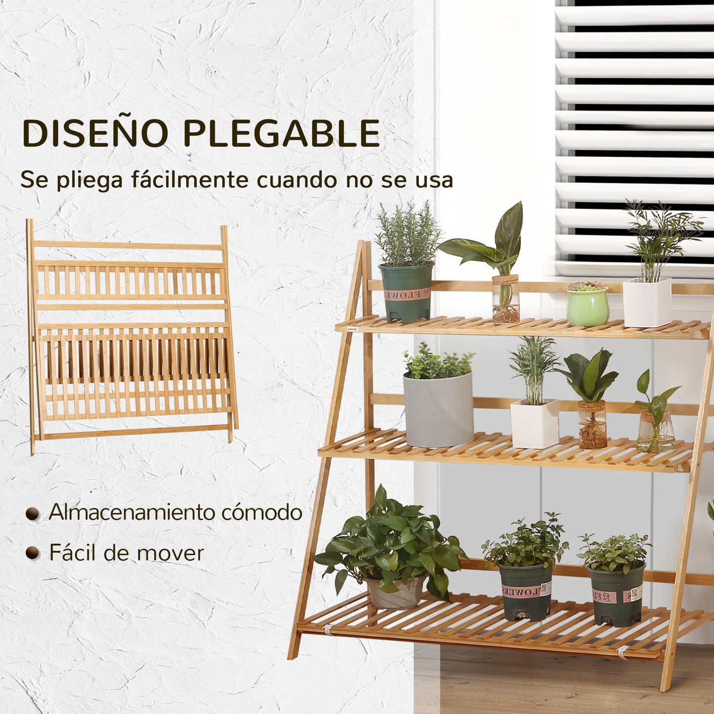 Outsunny Estantería para Plantas de 3 Niveles de Bambú Soporte para Flores Plegable Estantería para Macetas para Interiores y Exteriores 98x37x96,5 cm Natural