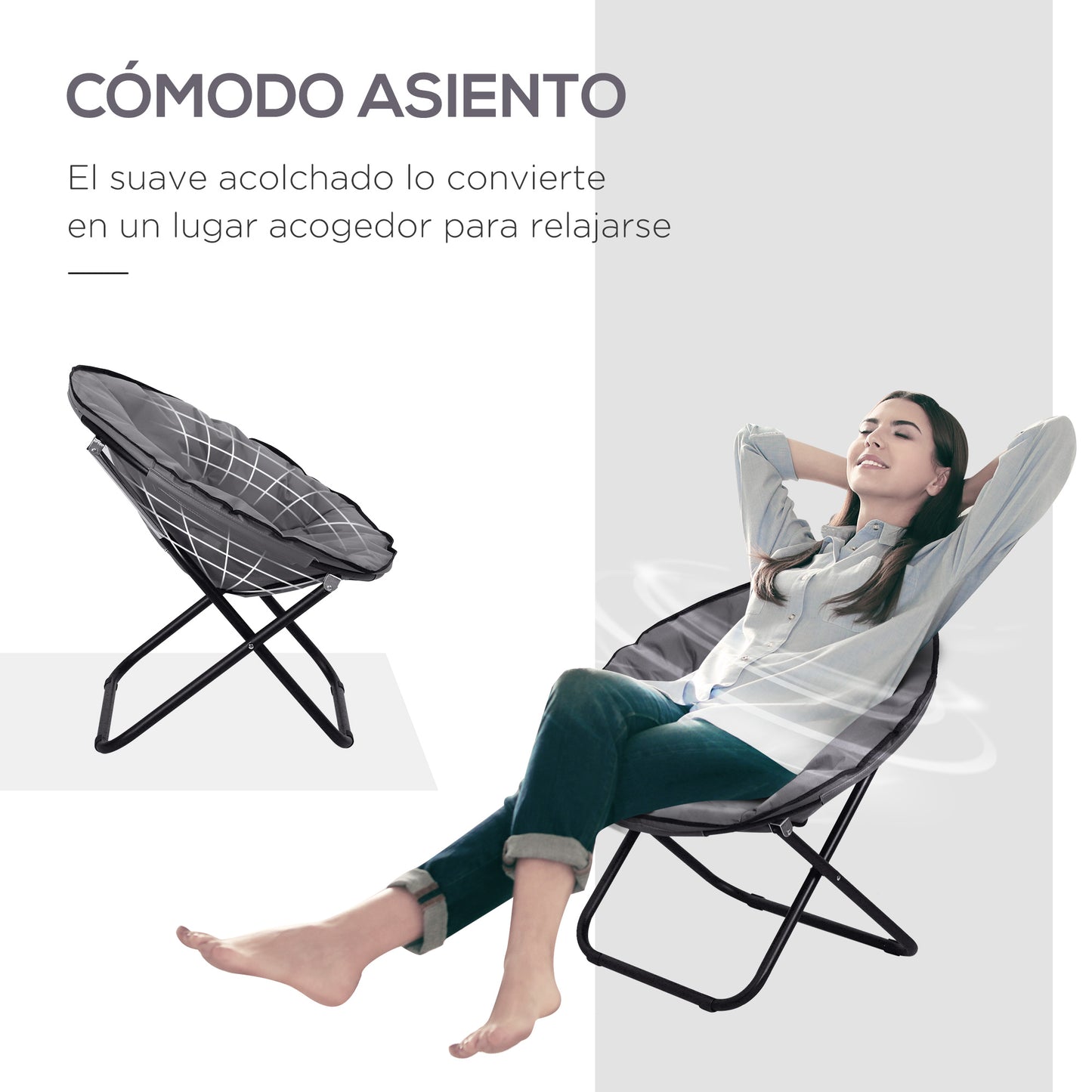 Outsunny Silla de Luna Plegable Silla de Platillo con Asiento de Tela Oxford y Patas de Metal Carga 120 kg para Camping Playa Terraza Patio 80x80x75 cm Gris