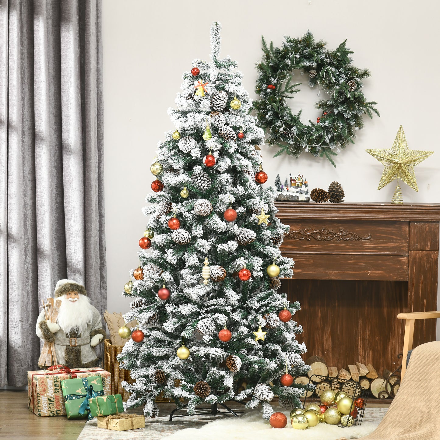 HOMCOM Árbol de Navidad Artificial Altura 180 cm Árbol Nevado con 695 Ramas 57 Piñas Apertura Automática Forma de Torre Base de Acero Plegable Ø104x180 cm Verde