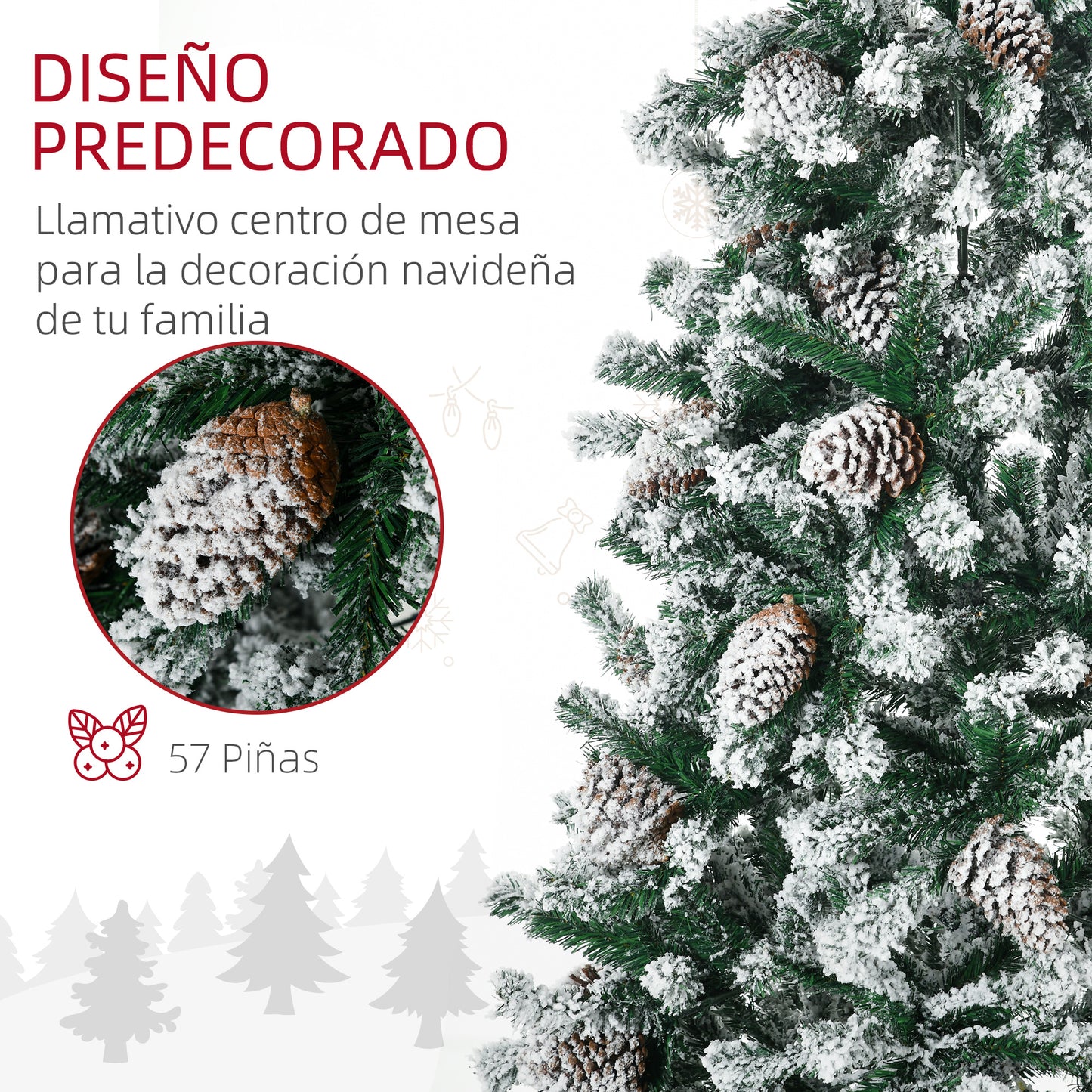 HOMCOM Árbol de Navidad Artificial Altura 180 cm Árbol Nevado con 695 Ramas 57 Piñas Apertura Automática Forma de Torre Base de Acero Plegable Ø104x180 cm Verde