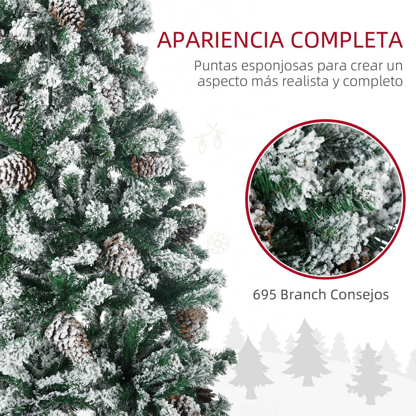 HOMCOM Árbol de Navidad Artificial Altura 180 cm Árbol Nevado con 695 Ramas 57 Piñas Apertura Automática Forma de Torre Base de Acero Plegable Ø104x180 cm Verde