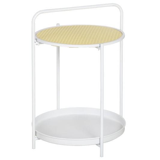 HOMCOM Mesa Auxiliar Mesita de Sofá de Ratán Plástico con Bandeja Extraíble y Asa Portátil Mesita de Noche Redonda con Marco de Acero para Dormitorio Oficina 43,5x42,5x60 cm Blanco