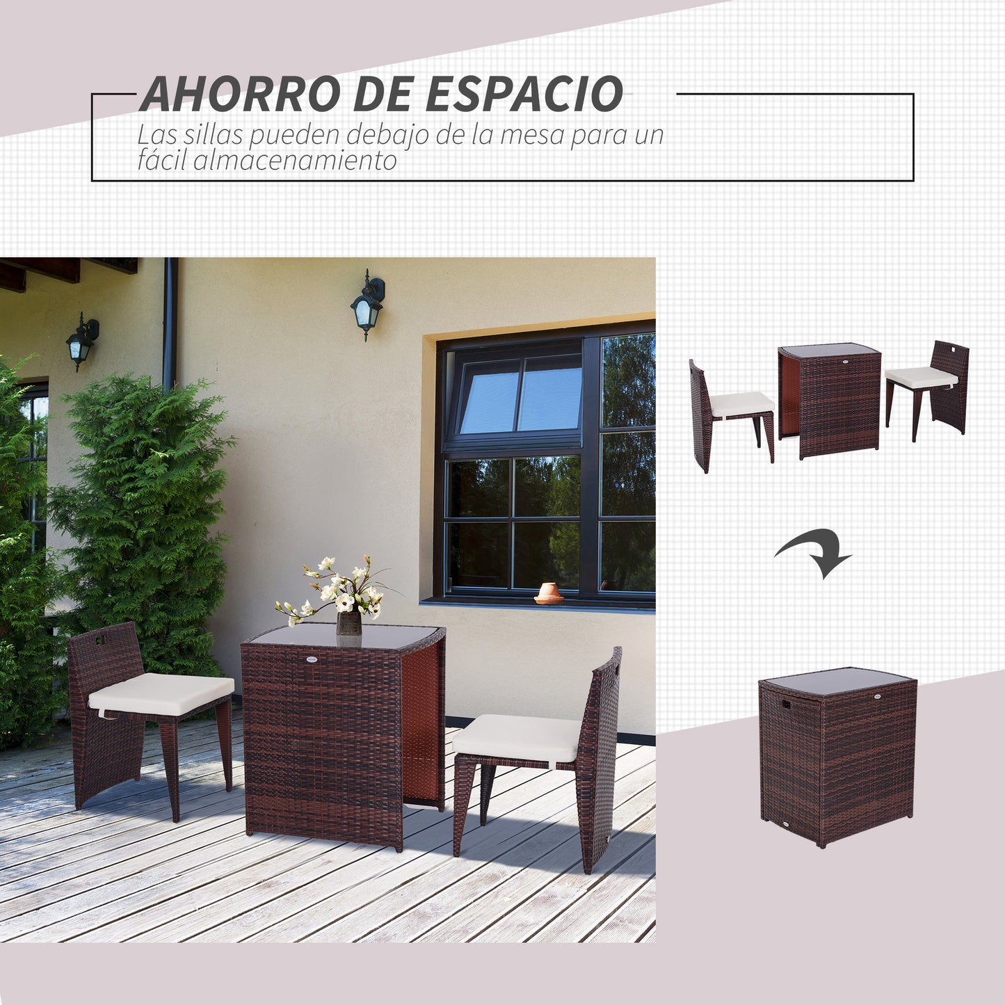 Outsunny Conjunto 1 Mesa y 2 Sillas Mueble Mimbre Ratan Jardin Terraza Exterior Desayuno